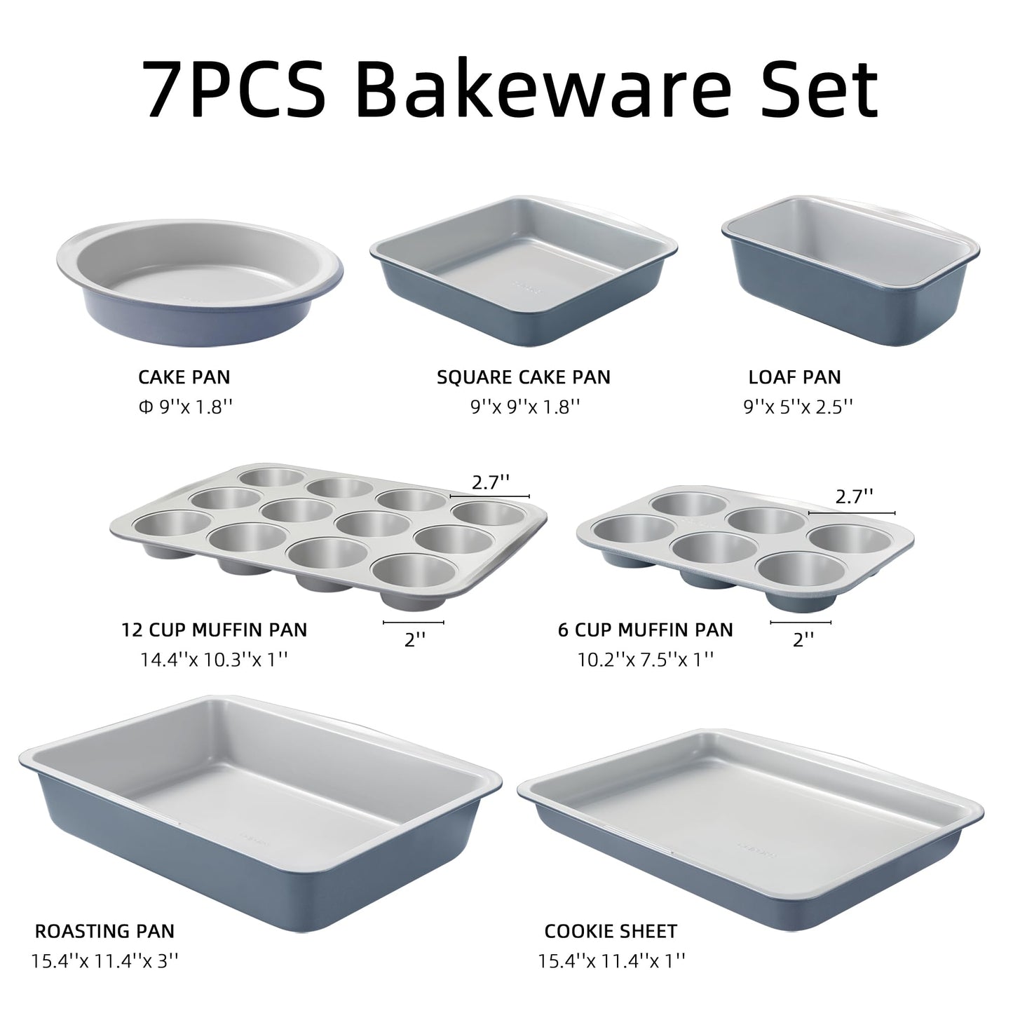 CAROTE 7-Piece Nonstick Stackable Baking Pans Set - Bakeware Sets Including Cookie Sheets for Baking, Muffin Pan, Bread Pan, Cake pan, Loaf Pan, Roasting Pan, Gray & Blue