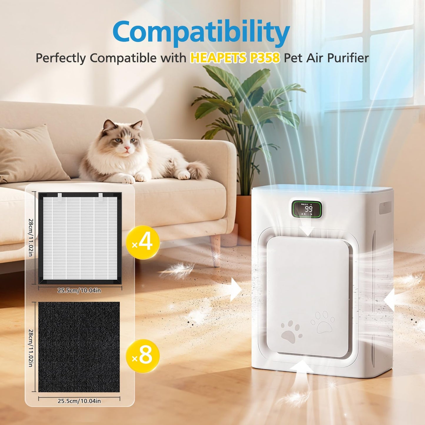 P358 Replacement Filter Compatible with HEAPETS P358 Pet Air Purifier, HEPA Air Filter for Pet Hair, Dander & Odor, Includes 8 Pre-Filters + 4 Combo HEPA & Carbon Filters