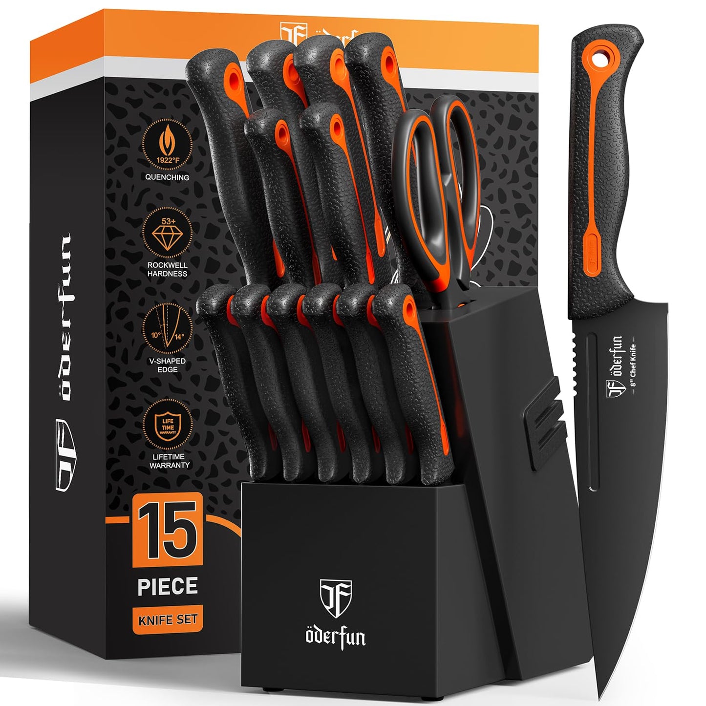 ODERFUN Knife Block Set -15 PCS Dishwasher Safe Kitchen Knife Set, High Carbon Stainless Steel, Razor-Sharp knives set with sharpener, Non-Slip Handles, Elegant Box for Her Him Women Dad Father