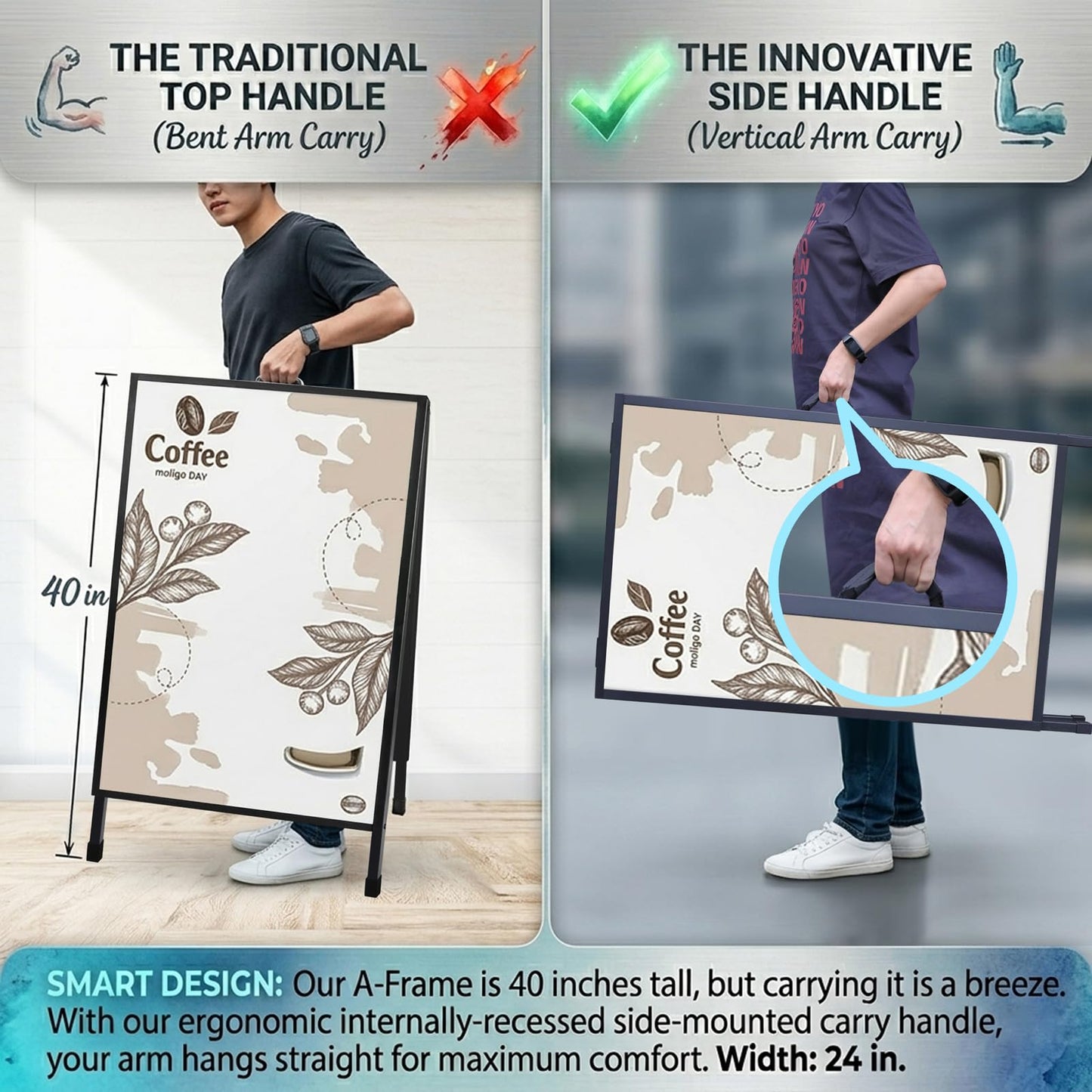 Pionites Heavy Duty Slide-in Folding A Frame Sign Sidewalk Sign 24x 36 Inch Steel Metal Double-Side Pavement sign Corrugated Plastic Poster (1, Black, 24''X36''(Frame Only))