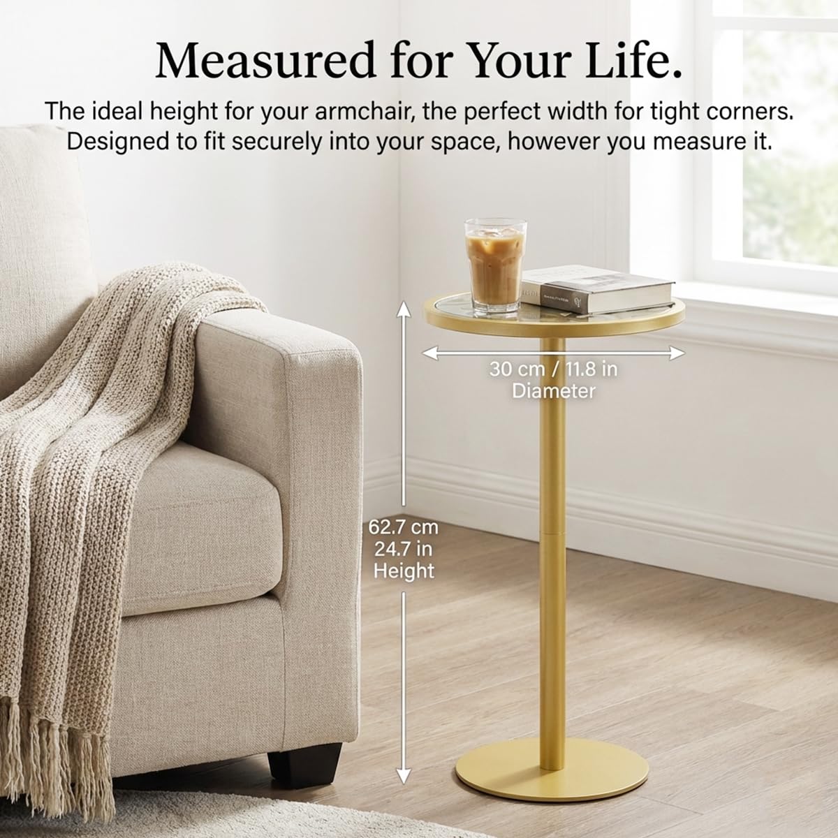 ZEXVIDA Gold Drink Table, Indoor Outdoor Small Round Side Table with Tempered Glass Top & Scroll Design, 24.7" Metal Pedestal End Table for Living Room, Patio, Small Spaces, Weather Resistant