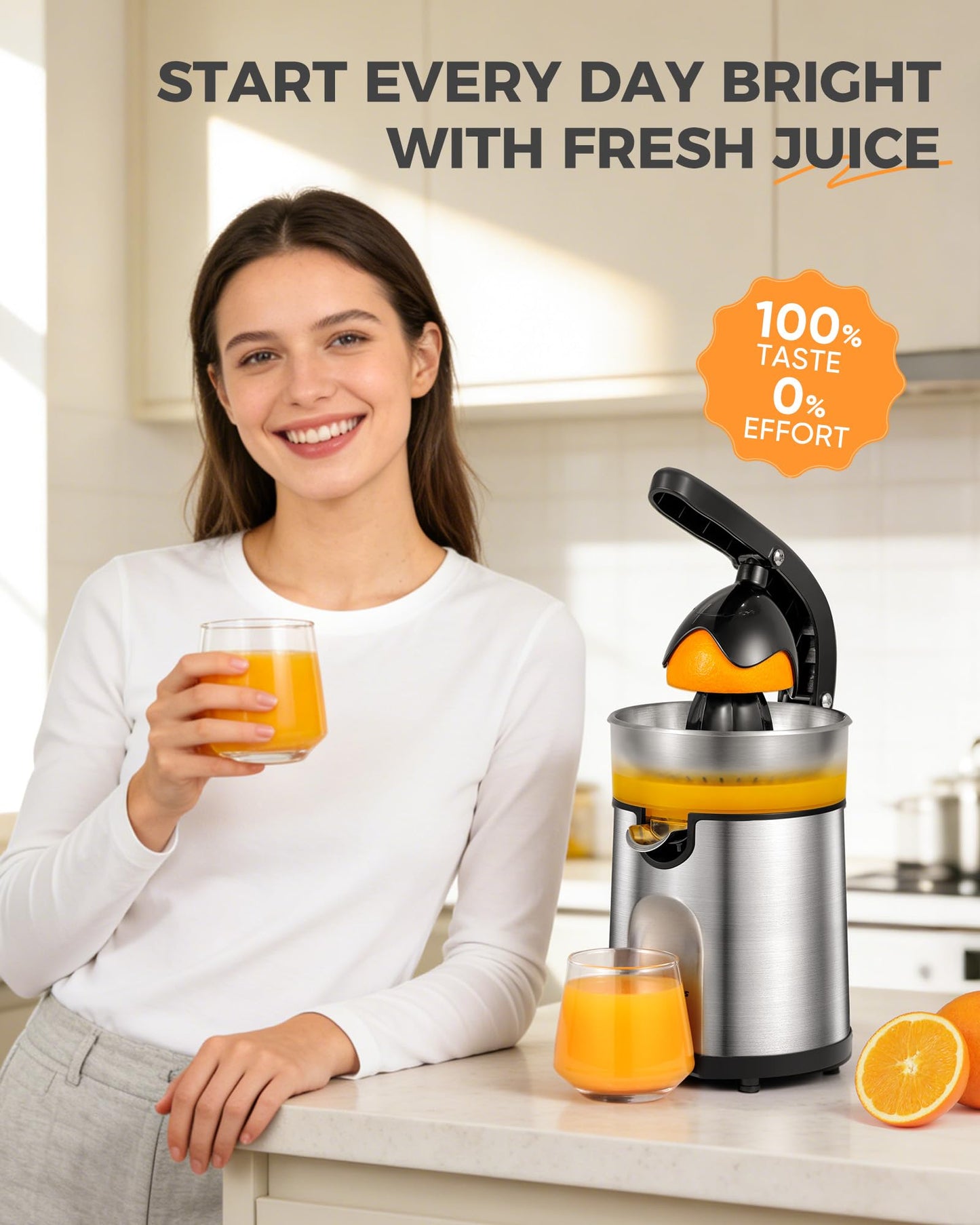 Amzpass Electric Orange Juicer, Citrus Juicer Squeezer with 2 Interchangeable Cones, 160W Electric Juicer Machine with Stainless Steel Body & Transparent Juice Collector for Lime Grapefruit Lemon