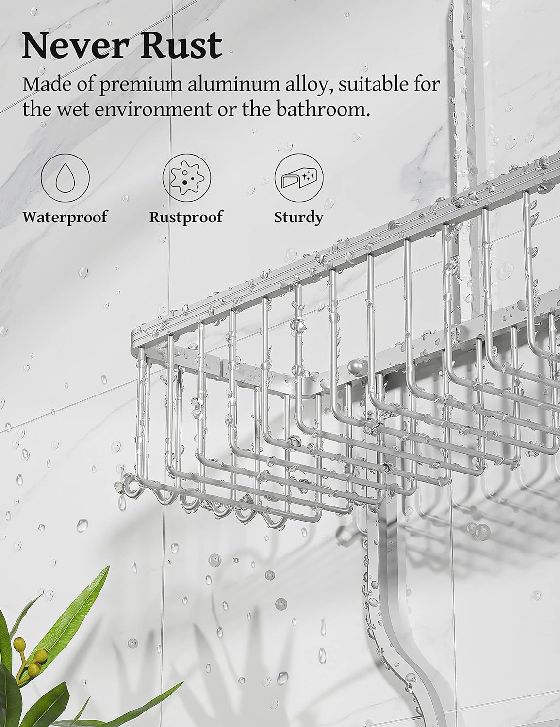 YASONIC Never-Rust Aluminum Hanging Shower Caddy – Over-the-Showerhead Organizer with 10 Hooks for Razor and Sponge – Includes Soap Basket – Silver