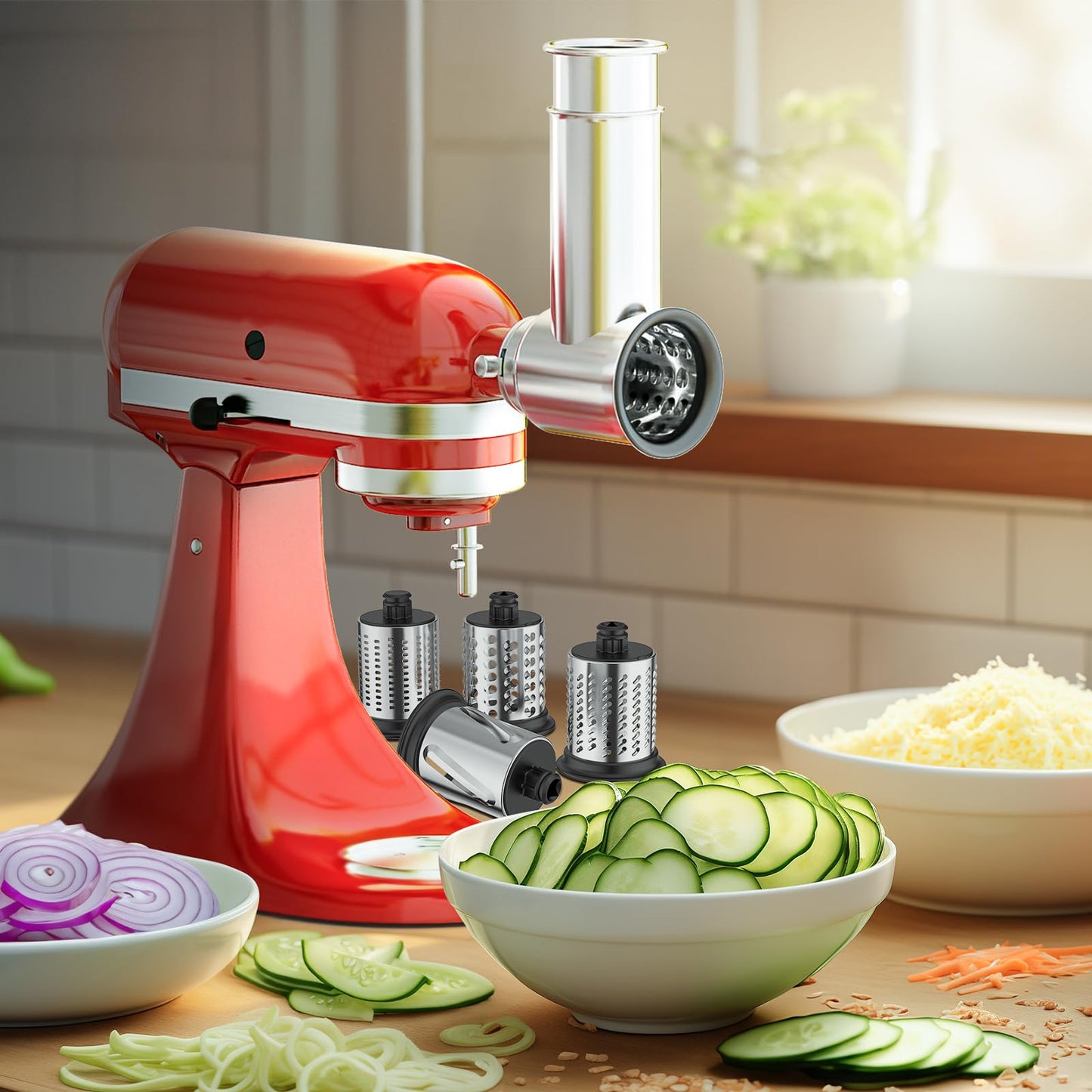 Stainless Steel Slicer Shredder Attachment for KitchenAid Stand Mixer, Includes Cheese Grater,Grinding Powder,Vegetable Slicer Shredder for KitchenAid cheese grater attachments with 4 Blades by HOZODO