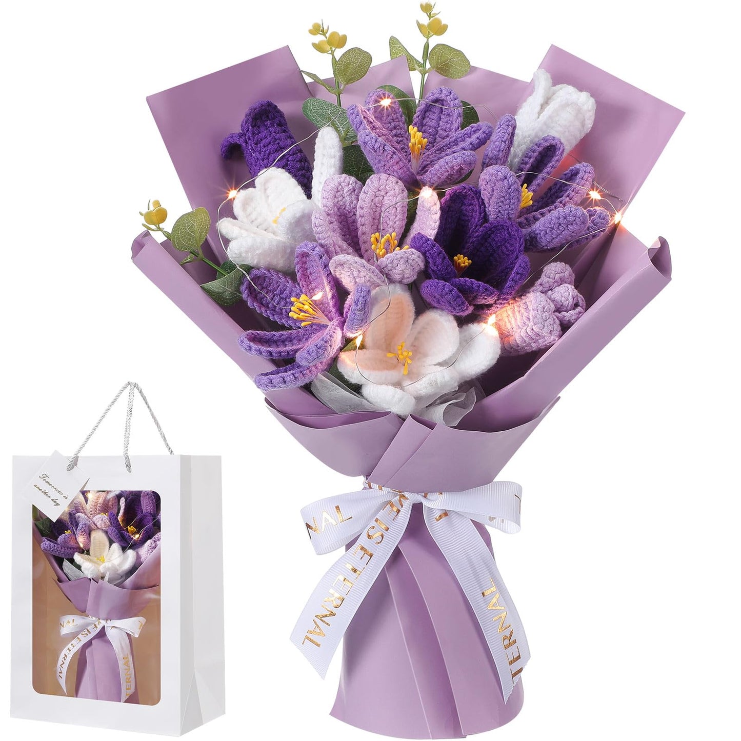 Juinte Mothers Day Crochet Flowers Bouquet Gift Completed Handmade Knitted Flowers with LED Lights Tulips Bouquet Gift for Mother Day Women Birthday Graduation Wedding Home(Purple)