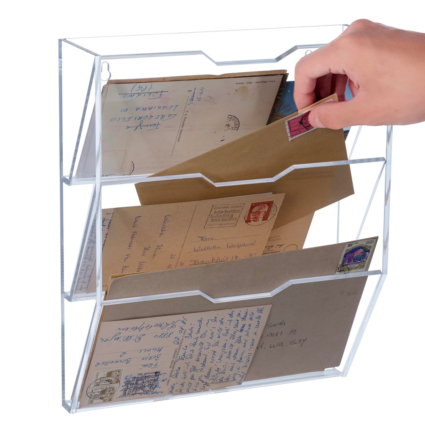 MyGift 3 Tier 10 Inch Clear Acrylic Mail Sorter, Wall Mounted Letter Holder for Home Entryway or Office Document Organizer Rack