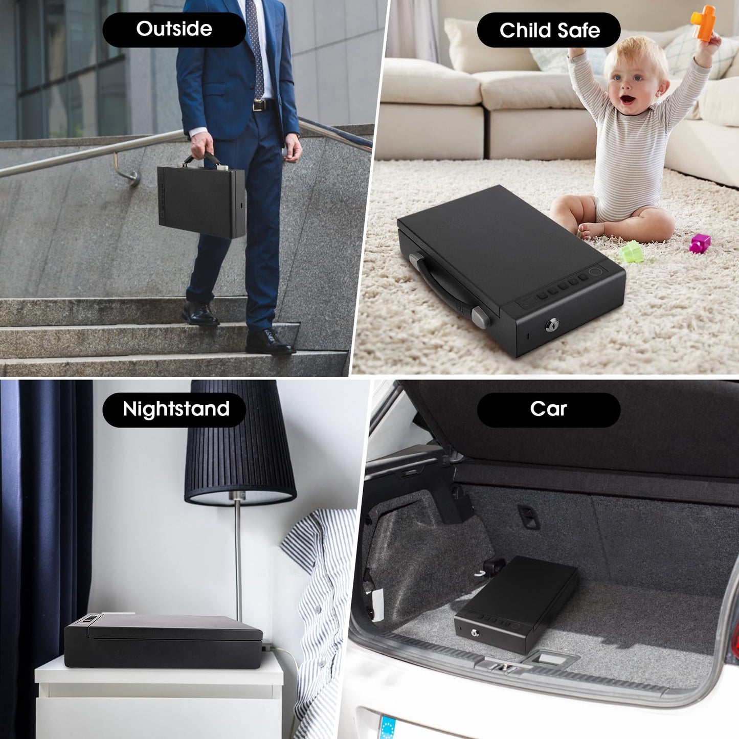 Biometric Fingerprint Gun Safe for Handgun, 3 Quick Access Methods, with Fingerprint/Digital PIN/key, suitable for bedside cabinets, wardrobes, and handgun safes in cars