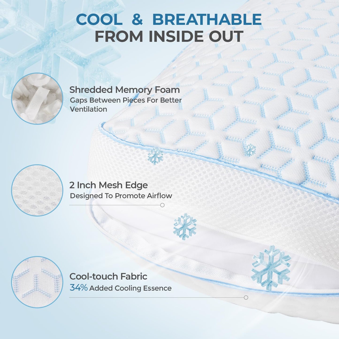Sweetnight Cooling Pillows Queen Size Set of 2, Shredded Memory Foam Pillows 2 Pack for Hot Sleepers, Cold Bed Pillows for Sleeping, Washable with Removable Cover, Cool Night