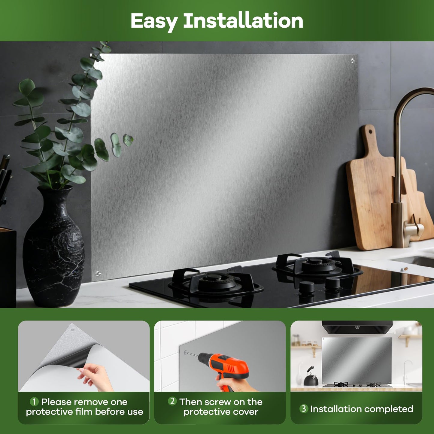 Ultra-Thin & Reversible Stainless Steel Stove Backsplash Panel, 24" x 30" Splatter Guard for Kitchen Wall & Range Hood | Easy Installation with Pre-Drilled Holes & Mounting Screws Included