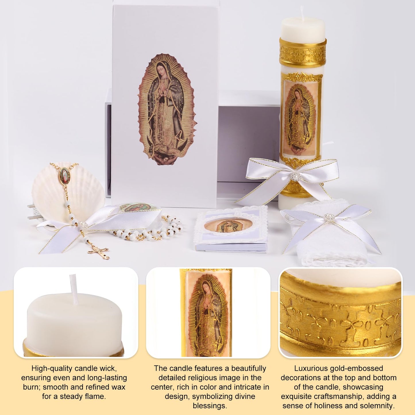 Baptism Candle Set for Boys and Girls,5 PCS Baptism Kit Virgen De Guadalupe Catholic Candle,Towel,Shell,Rosary,Bible for Baptismal Christening First Communion Gift,Velas para Bautizo De Niño o Niña