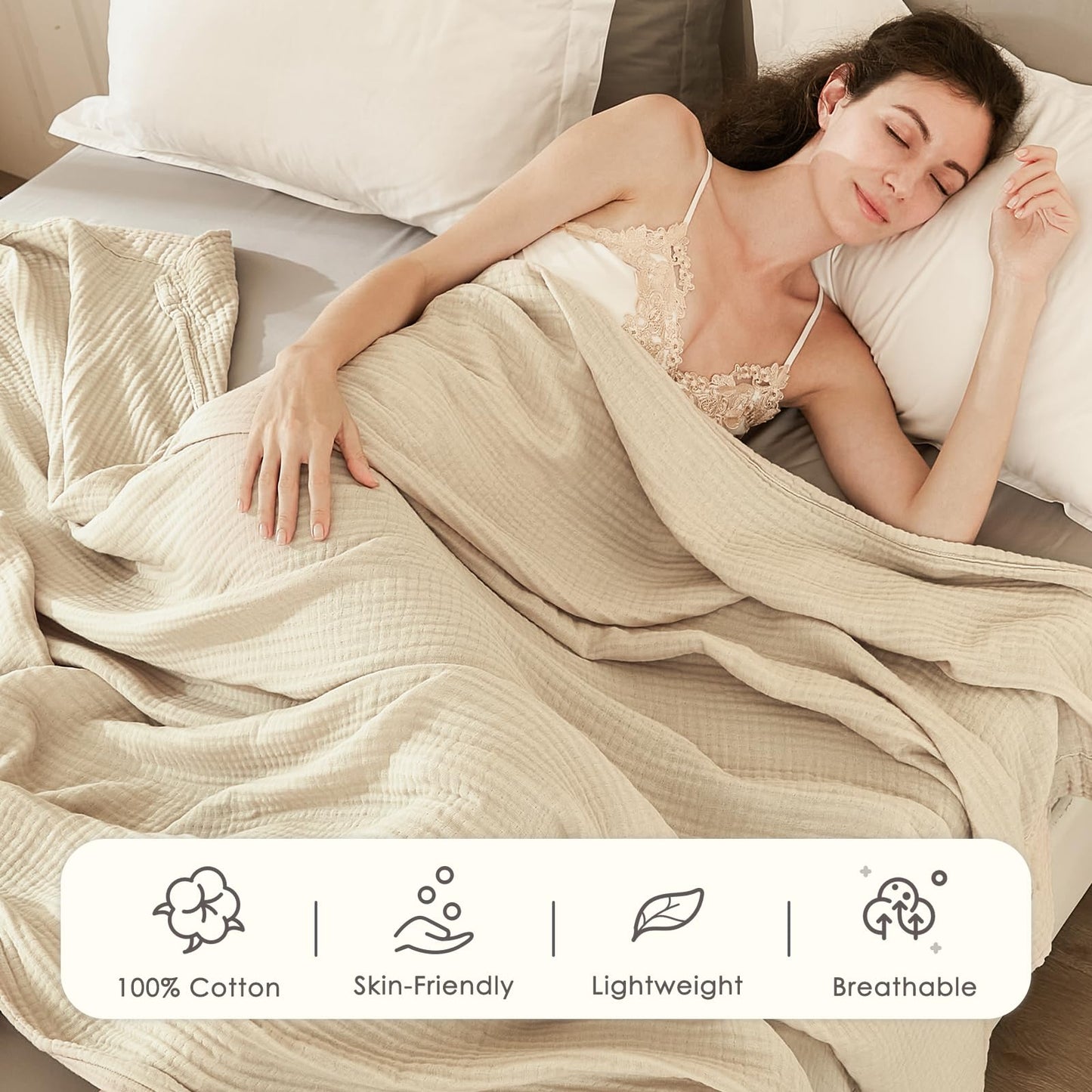 EMME Cotton Bed Blanket Twin Size Soft Muslin Boho Bedding Lightweight Breathable Beige Twin Blanket All Season Gauze