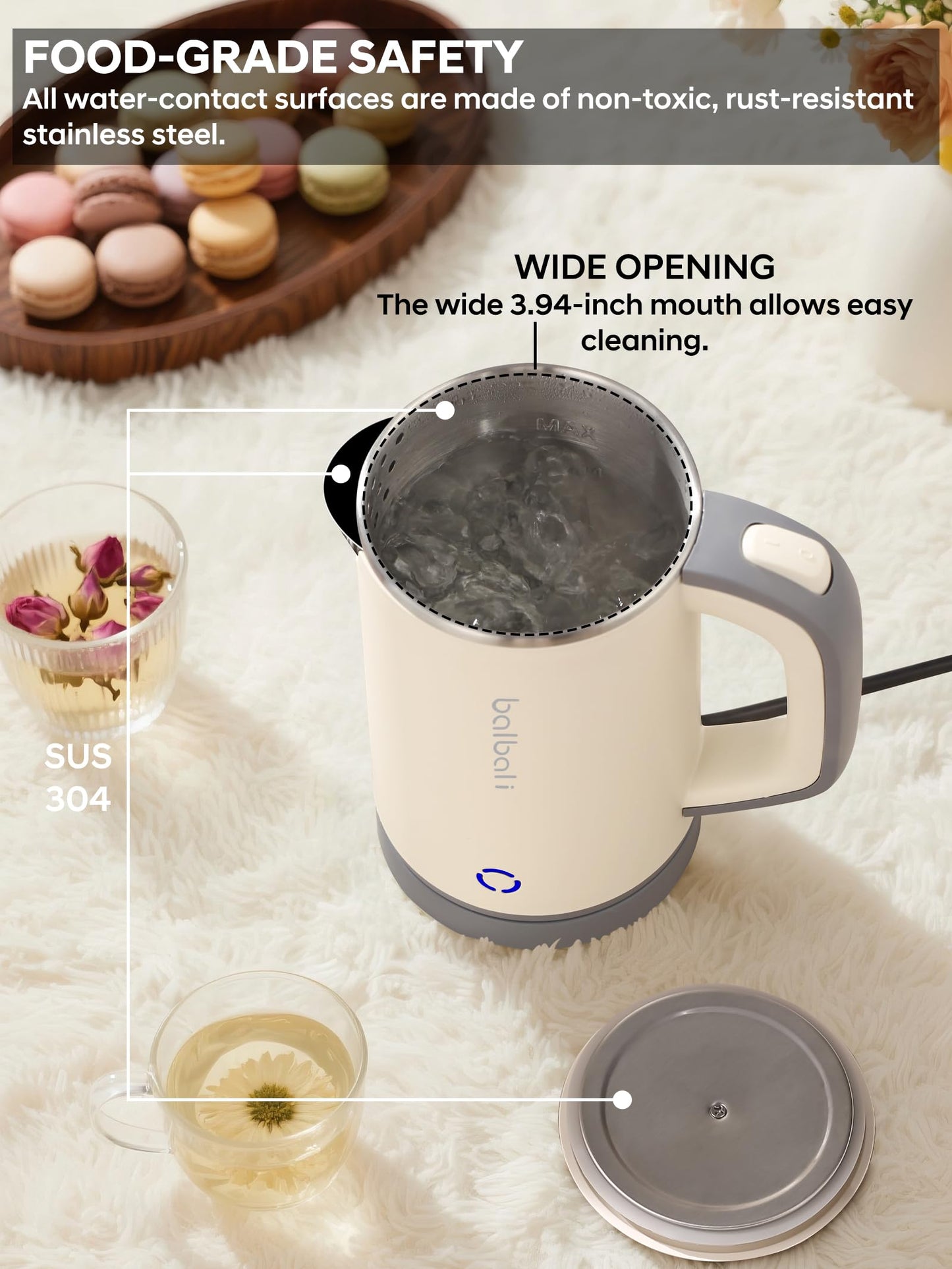 Portable Electric Kettle, 24oz Mini Travel Kettle for Camping & Office, 600W Fast Boiling, Compact Personal Small Kettle with Auto Shut-Off, Stainless Steel Interior, Beige