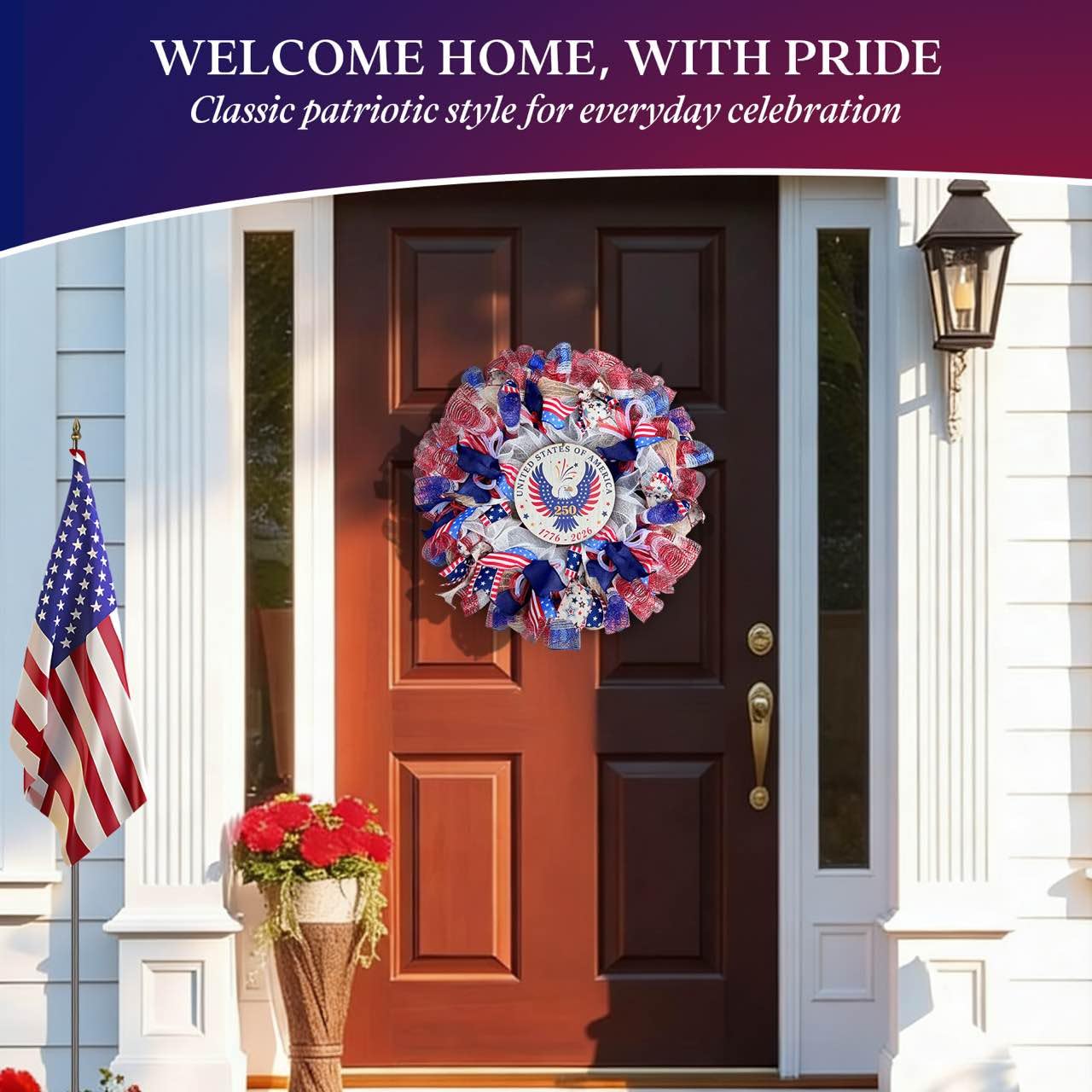 Presentastic 250th Anniversary Patriotic Wreaths for Front Door, 24 Inch Large 4th of July Wreath with Removable 1776-2026 Eagle Door Sign, Handcrafted Memorial Day Decorations with Light &Storage Bag