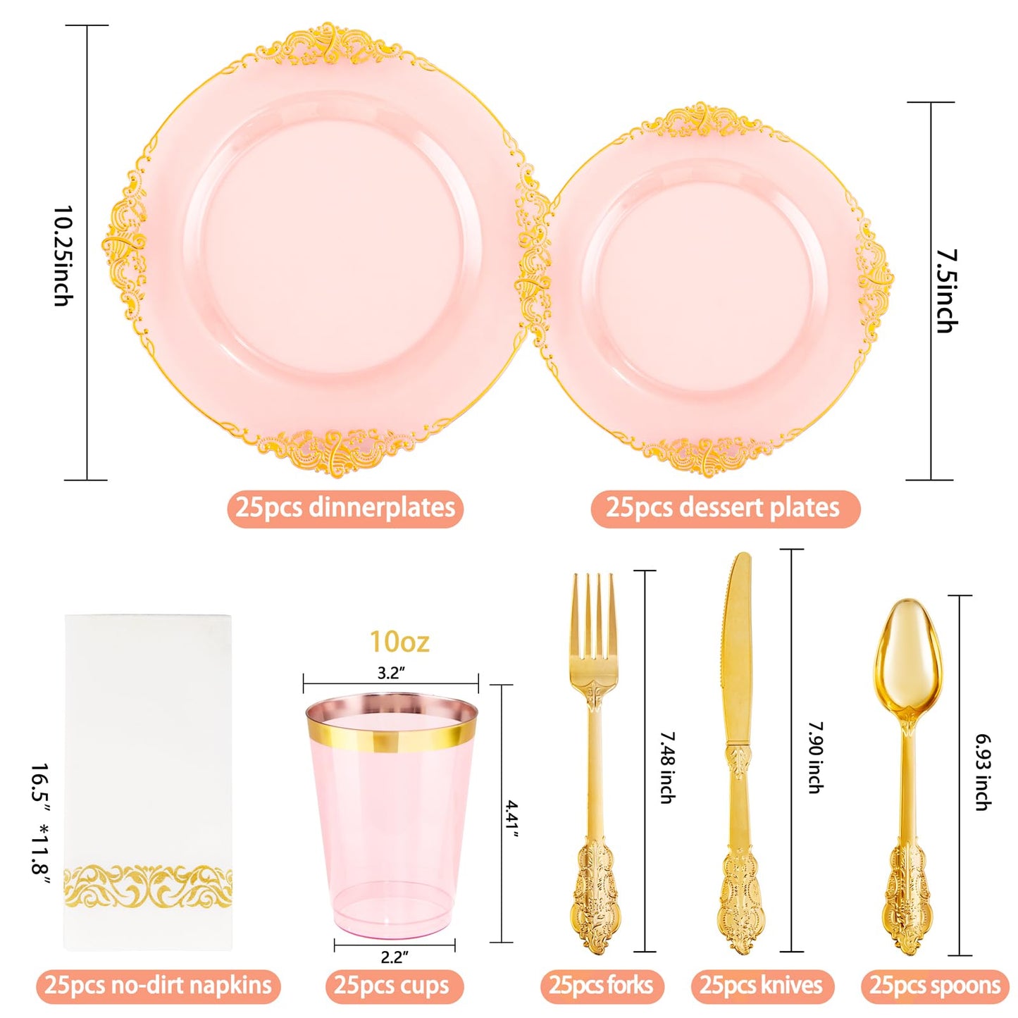 Hioasis 175pcs Pink and Gold Plates - Pink Party Plates for 25 Guest, Include 50 Heavy-duty Plates(20% Thicker Than Standard), 75 Cutlery Set, 25 Napkin, 25 Cups for Party & Easter