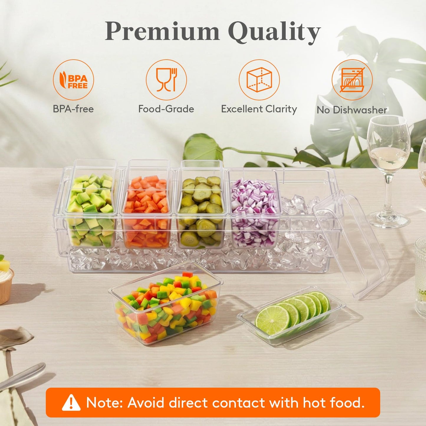 Lifewit Chilled Condiment Caddy with Lids, Serving Set for Party with 5 Containers & Accessories, Garnish Tray for Bartenders, Serving Platter for Taco & Mimosa Bar, Lemonade Stand, Buffet Supplies