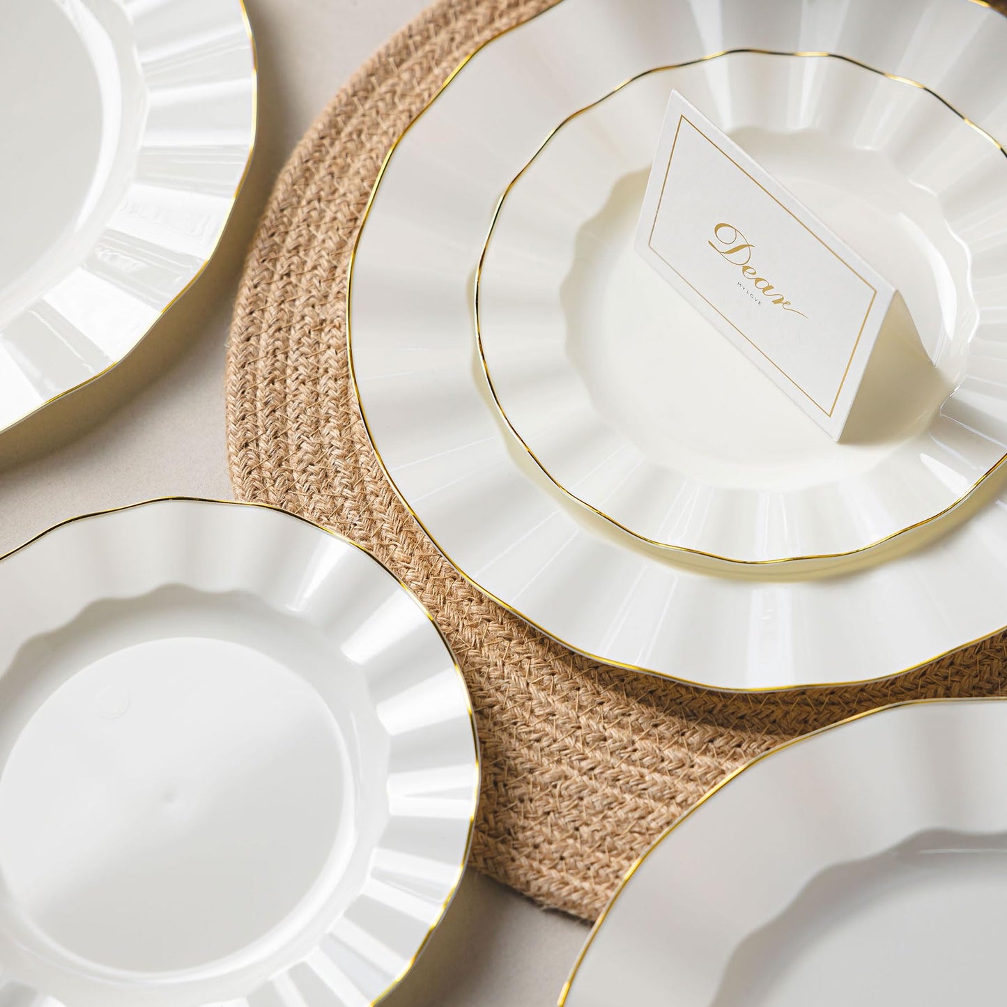 QualQuot 120PCS Ivory White Plastic Plates, Heavy Duty Disposable Party Plate with Gold Rim, Fancy 60 Dinner & 60 Dessert Plates for Parties and Wedding