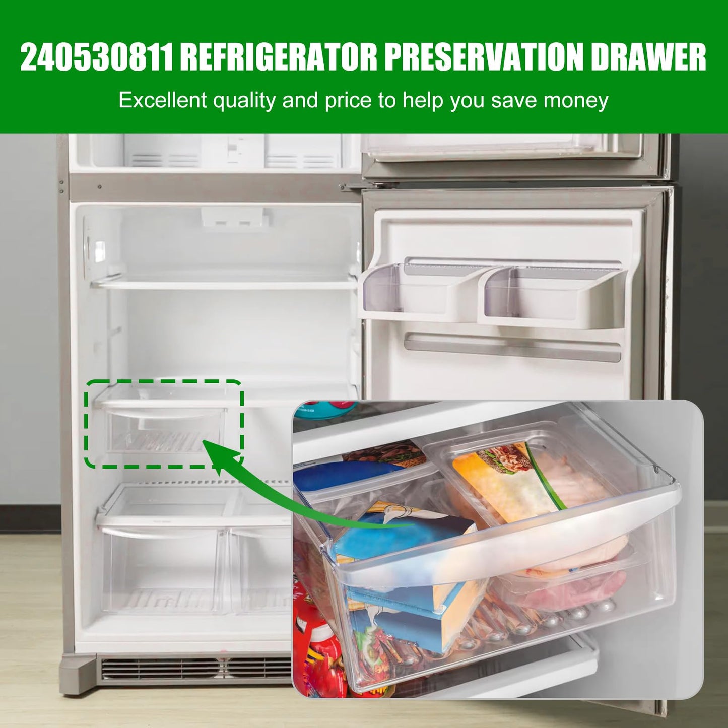 240530811 Refrigerator Meat Cripser Pan Compatible with Frigidaire Kenmore Refrigerator -Replaces 240530801, 240530813,240354201(15.7 * 11.6 * 4.3 INCH)