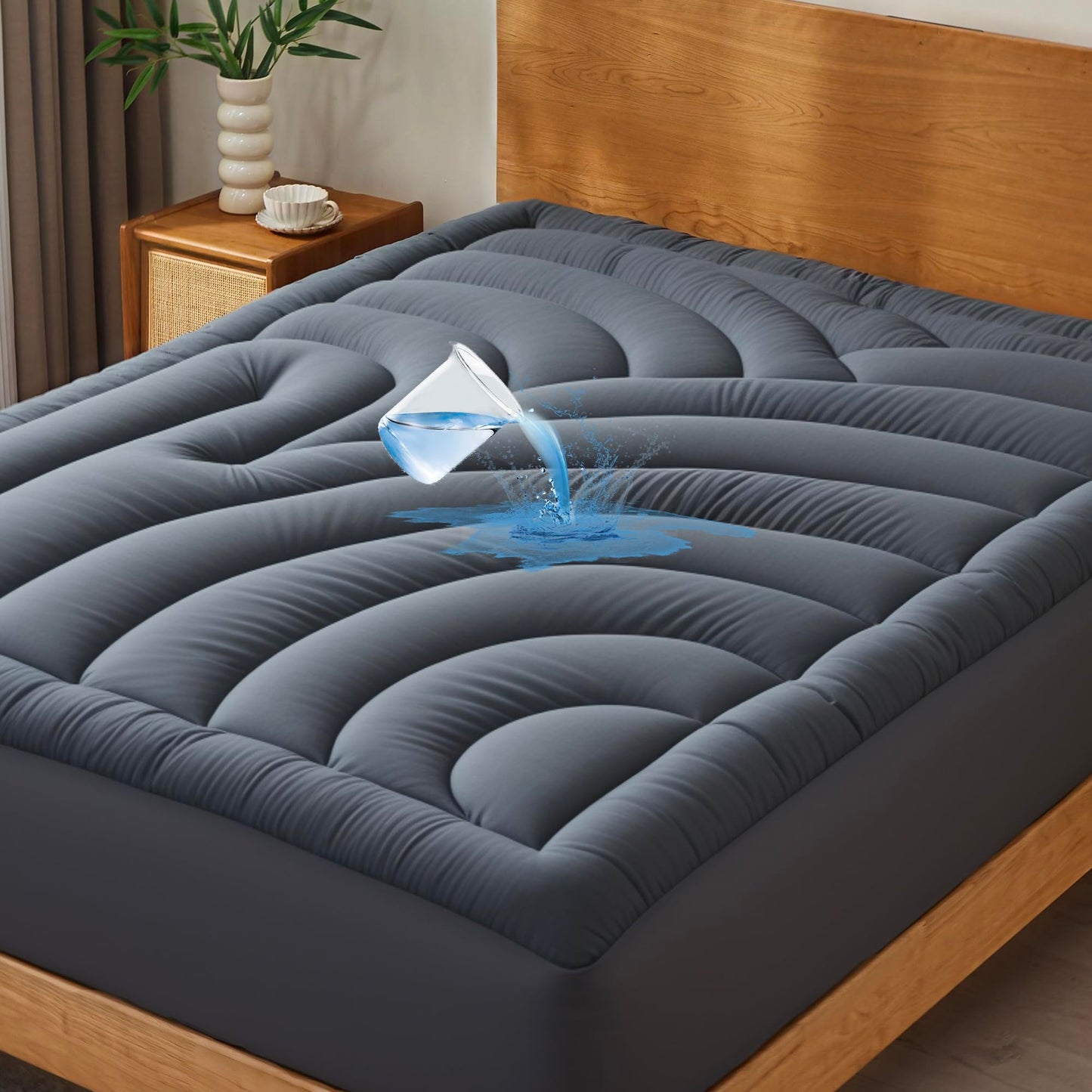 Waterproof Mattress Pad King, Quilted Fitted King Mattress Topper, Five-Layers Noiseless Mattress Protector Cover with 8"-21" Deep Pocket, Machine Washable, Grey, 78x80