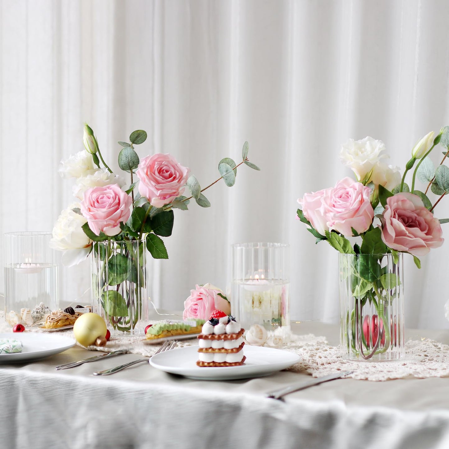 12Pcs Glass Cylinder vases for Centerpieces, 6 Inches Clear Ribbed Bud Vases for Wedding Decorations,Floral Vase Bulk Flower vases,Tall Glass Hurricane Candle Holder for Table Shelf, Party(Ribbed)