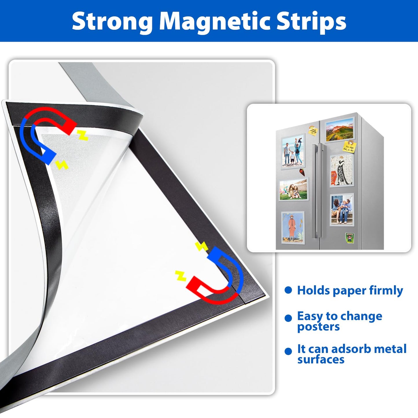 VAIIGO 20 Pack Magnetic Sign Holder 8.5 x 11, Self-Adhesive Magnetic Picture Frame & Document Holder for Wall, Door, Fridge, Glass - Double-Sided Magnetic Frame for Poster & Paper Display (Silver)