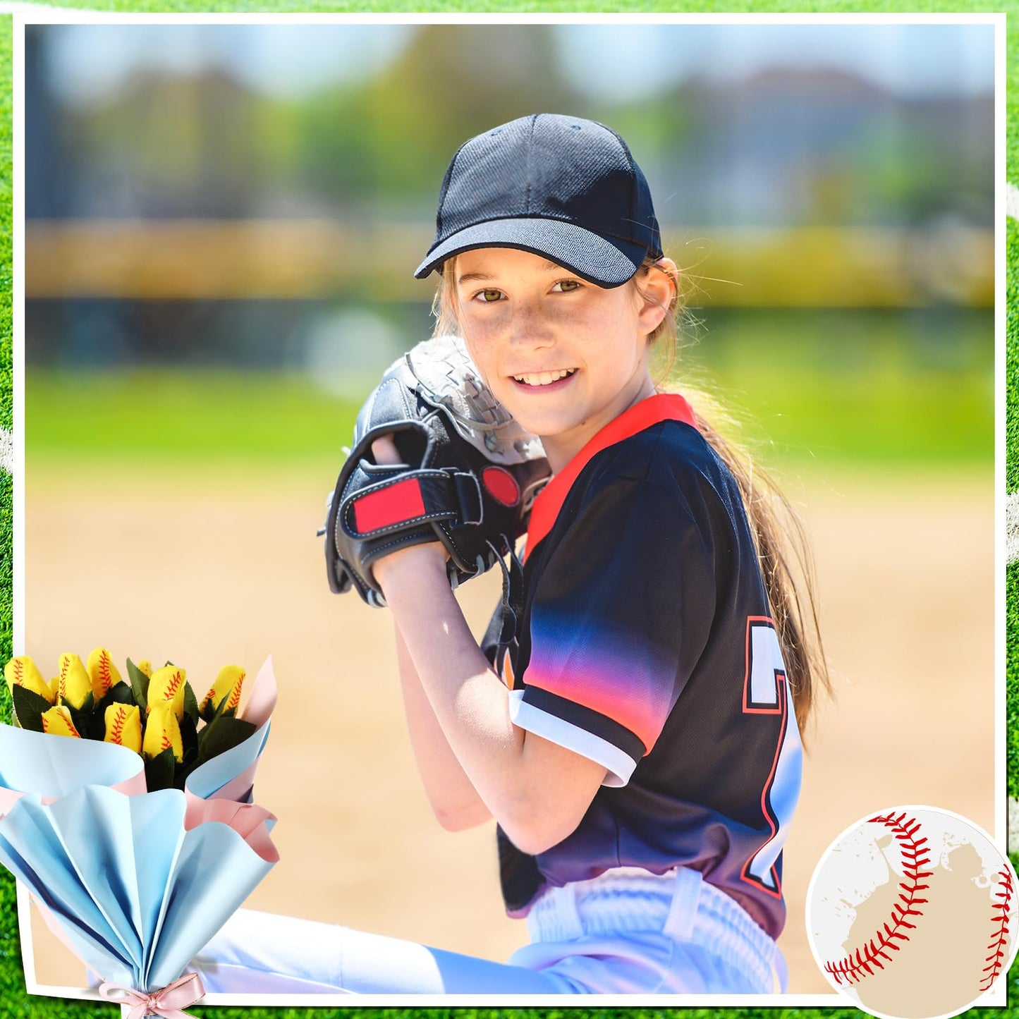 Suhine 12 Pcs Softball Rose Bulk Artificial Baseball Gifts Flower Decor for Graduation Wedding Party Sports Theme Bouquet Gift for Girl Coach Team Player Fan