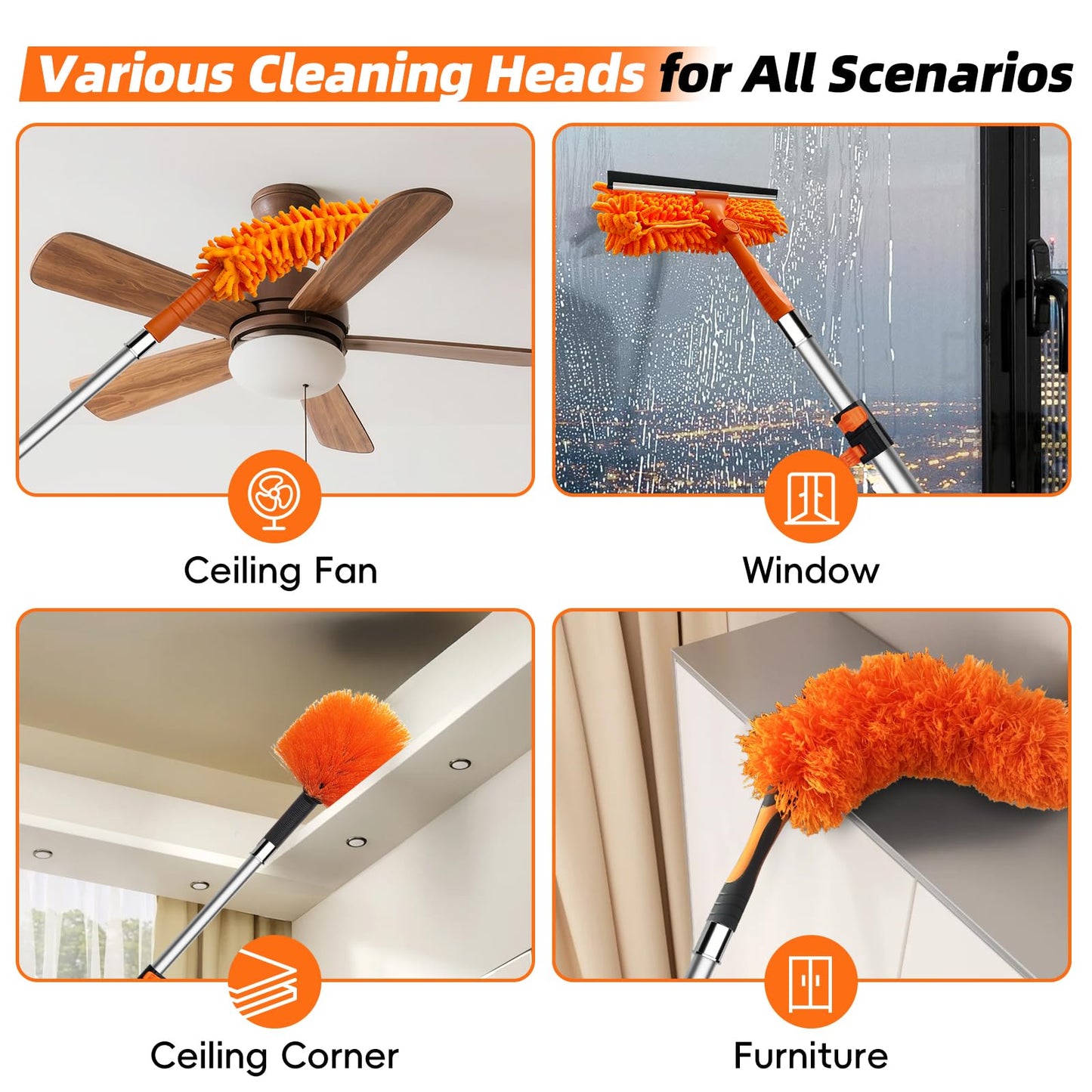 DALTACK 28 Foot High Dusters Kit for Cleaning with 5-20 Foot Heavy Duty Extension Pole, Extendable Reusable Cobweb, Feather, Ceiling Fan Cleaner Duster, Window Squeegee Kit