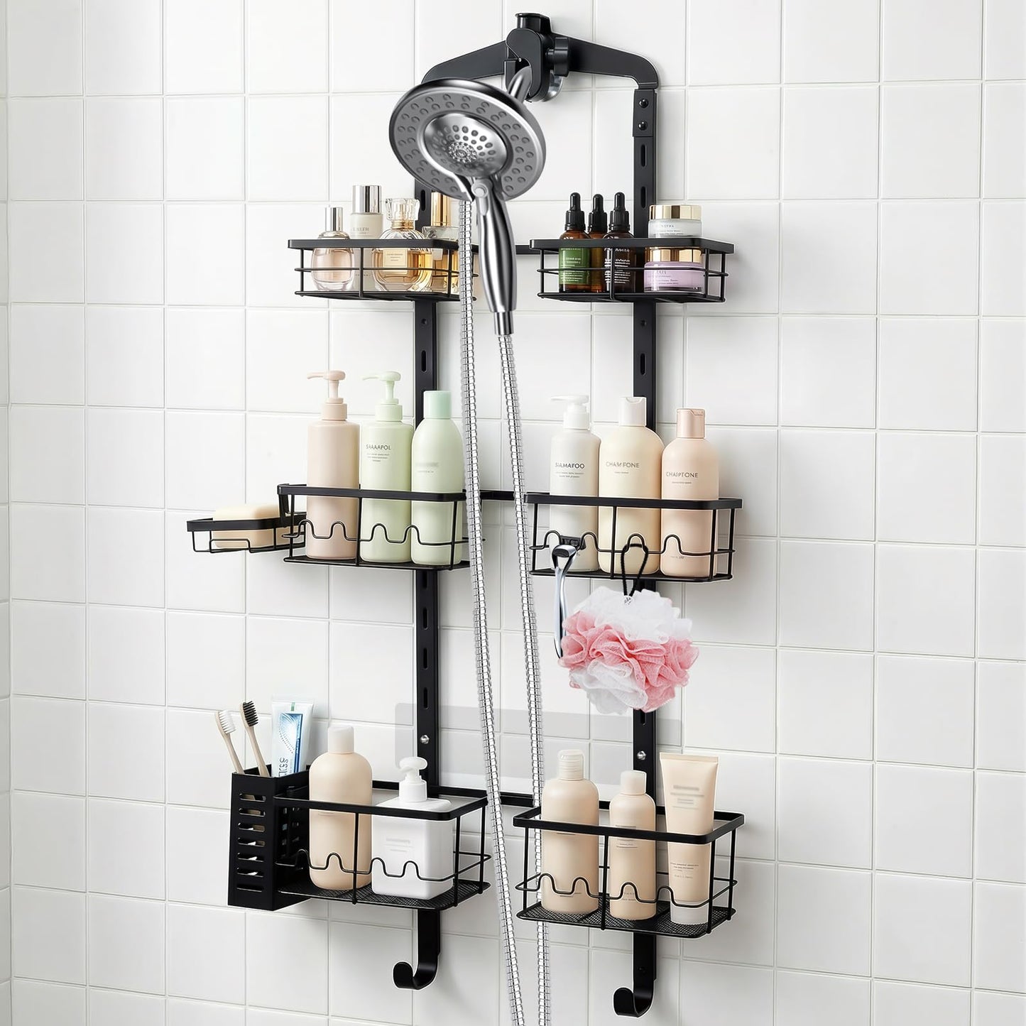Marovitax Extra Large Shower Caddy Hanging, Rust-Resistant Shower Organizer Hanging, 3 Tier Height-Adjustable Over the Head Caddy, Rack with Soap Basket (Black)