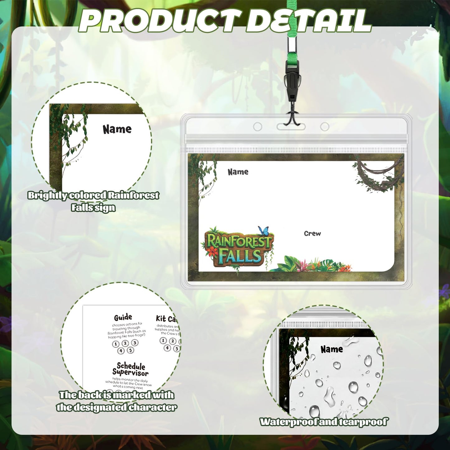 Engrowtic 100 Sets Rainforest Falls Name Badge for 2026 Vbs with Card Protector and Activity Rope 4 x 2.75 Inch Writeable Name Badges for Church, Summer Camp and Activities