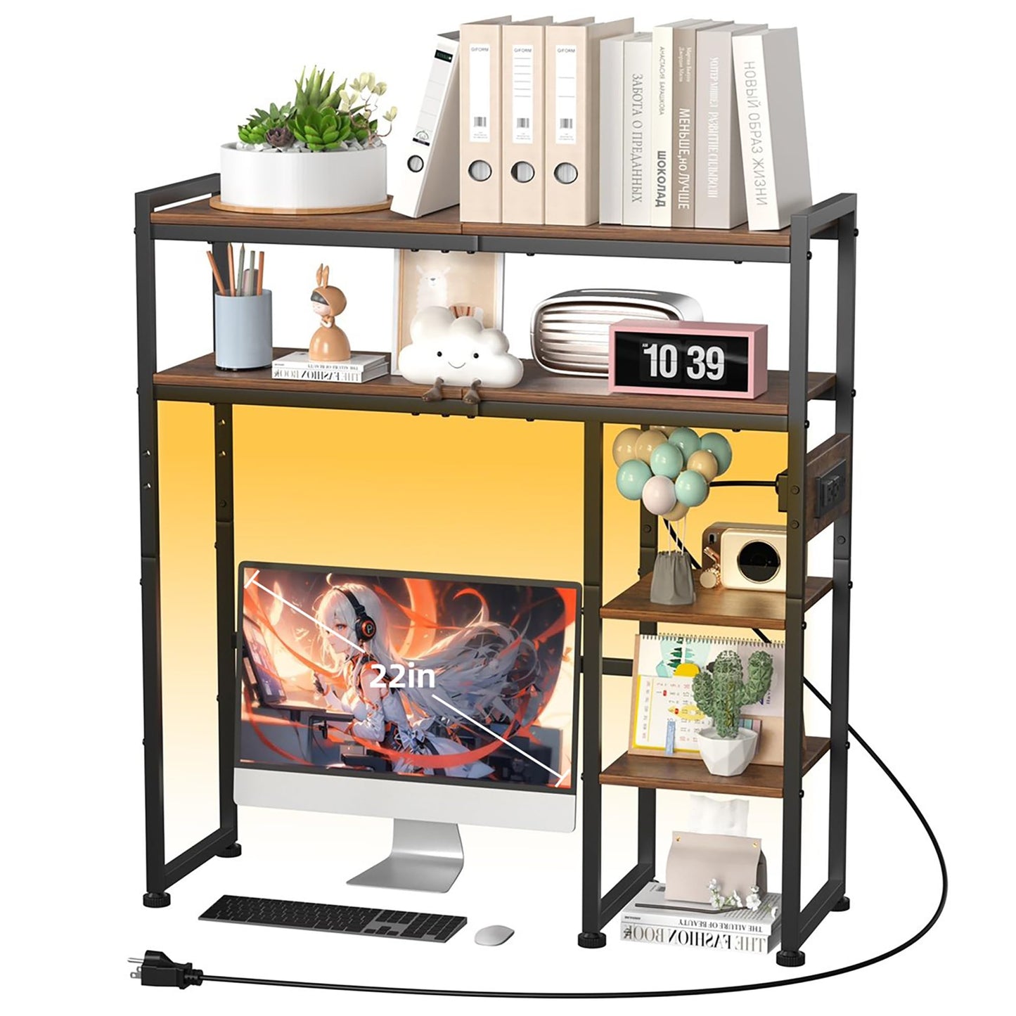 Aetheris Desktop Organizer Shelf, 30" Wooden Office Storage Rack with Outlets, Display Shelf Rack with Light Strip, 5 Tier Desktop Display Rac, Desk Shelf, Desk Hutch for Computer Monitor, Brown