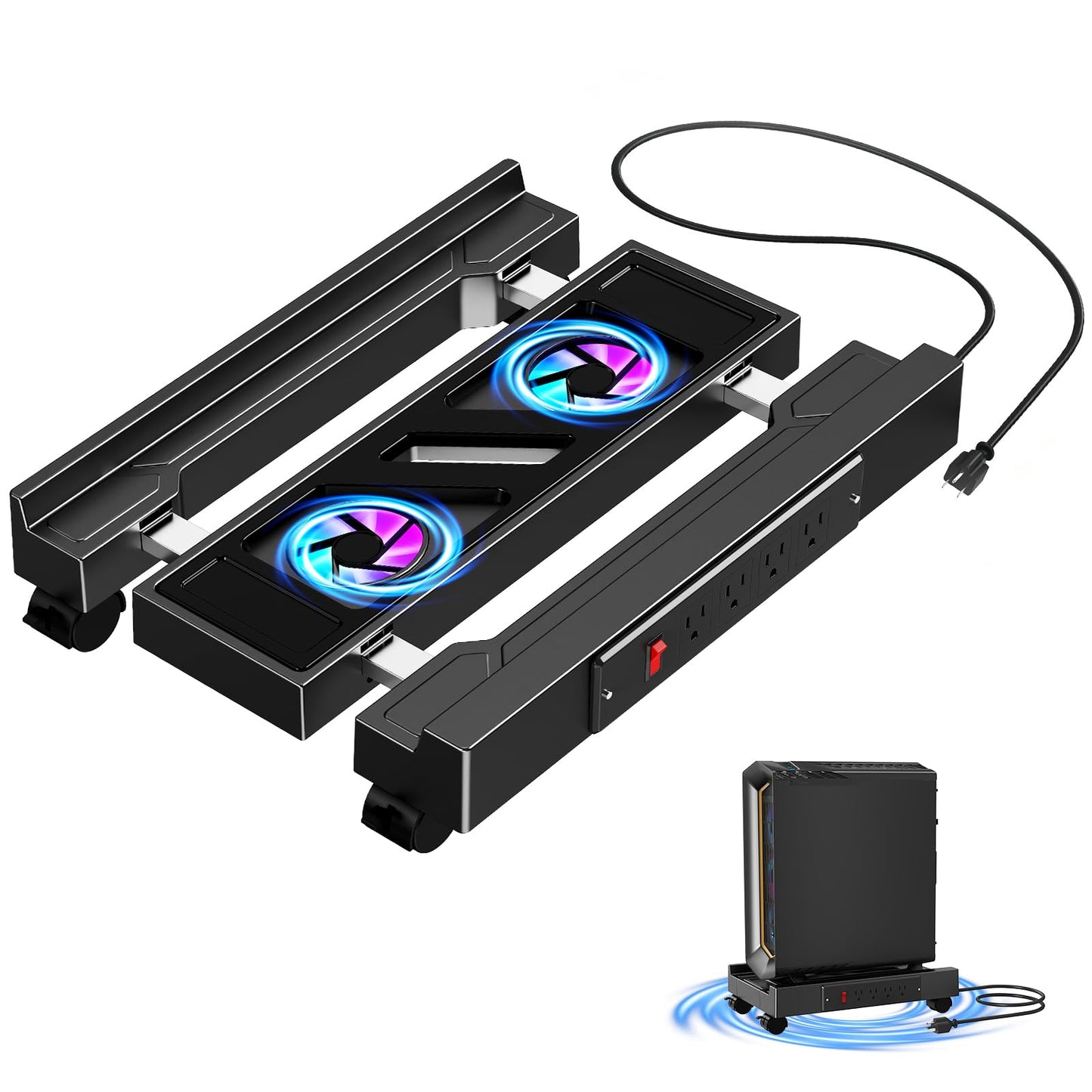 Adjustable CPU Holder with Charging Station and Cooling Fan with RGB Light,Mobile CPU Holder with 4 Rolling Casters, Under Desk CPU Bracket PC Floor Cart PC Riser for Office, Home (Socket with Fan)