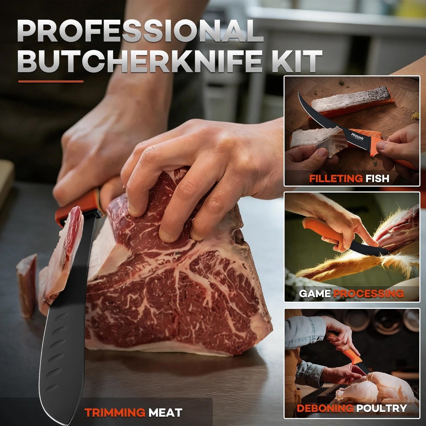 Huusk 5pcs Butcher Knife Set - Professional Meat Processing Kit with Non-Slip Orange Handle, German Stainless Steel Granton Butcher, Skinning, Curved Boning, Caping Knife with Roll Bag Gift for Men