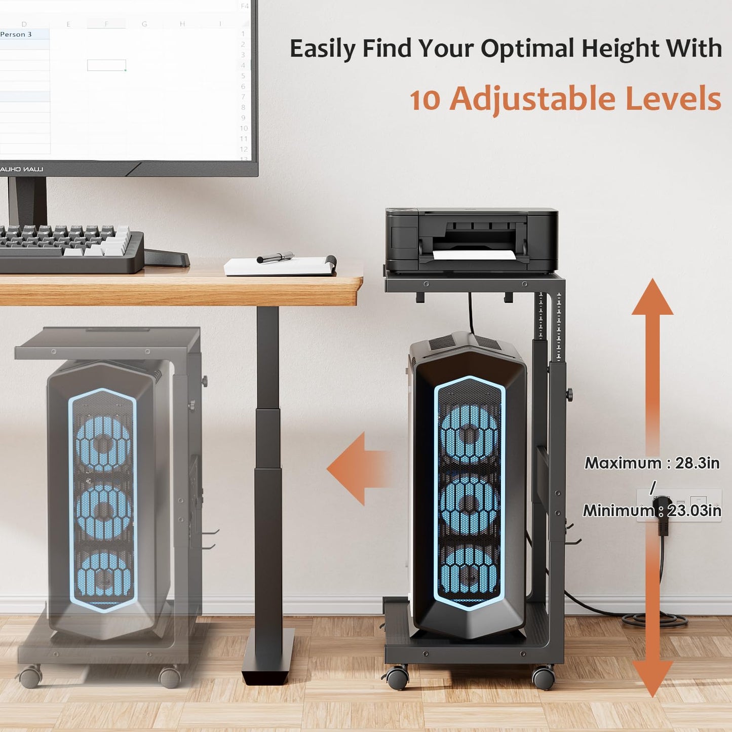 JANE EYRE Computer Tower Stand - Adjustable PC Tower Stand CPU Holder Cart with Charging Station for Office Home Classroom,23.03"-28.3" H, black