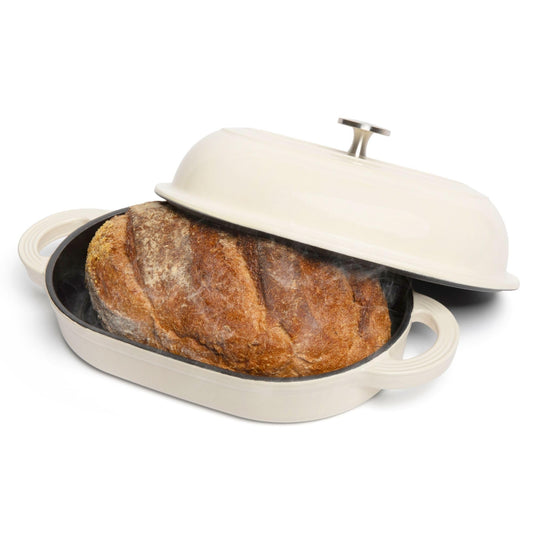 TOMO Cast Iron Oval Bread Oven, 10" x 6.5" - Rustic Dutch Oven Bread Cloche with Steam Circulating Lid for Perfect Sourdough