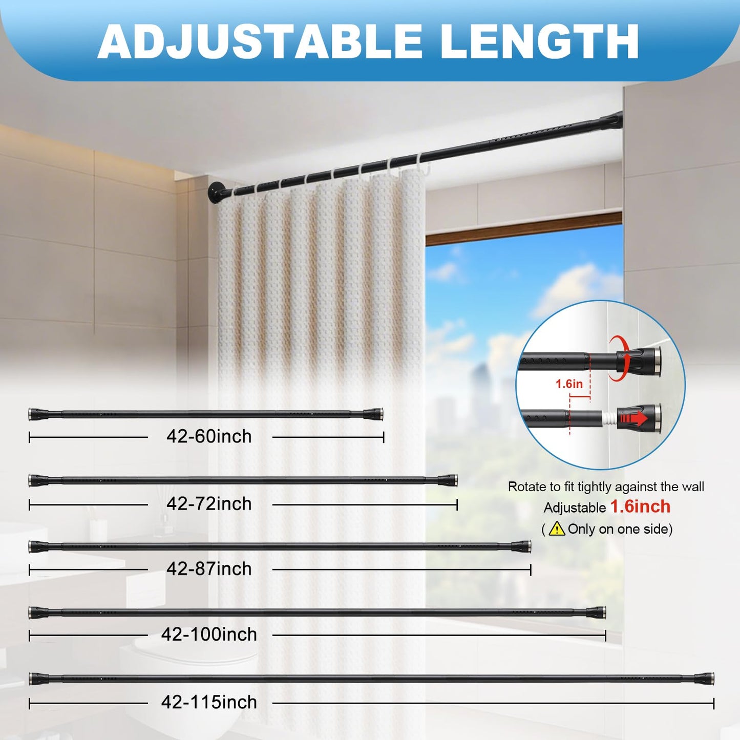 Tension Curtain Rod, 42 to 115 inch Adjustable Heavy Duty black shower curtain rod for bathroom Closet Windows