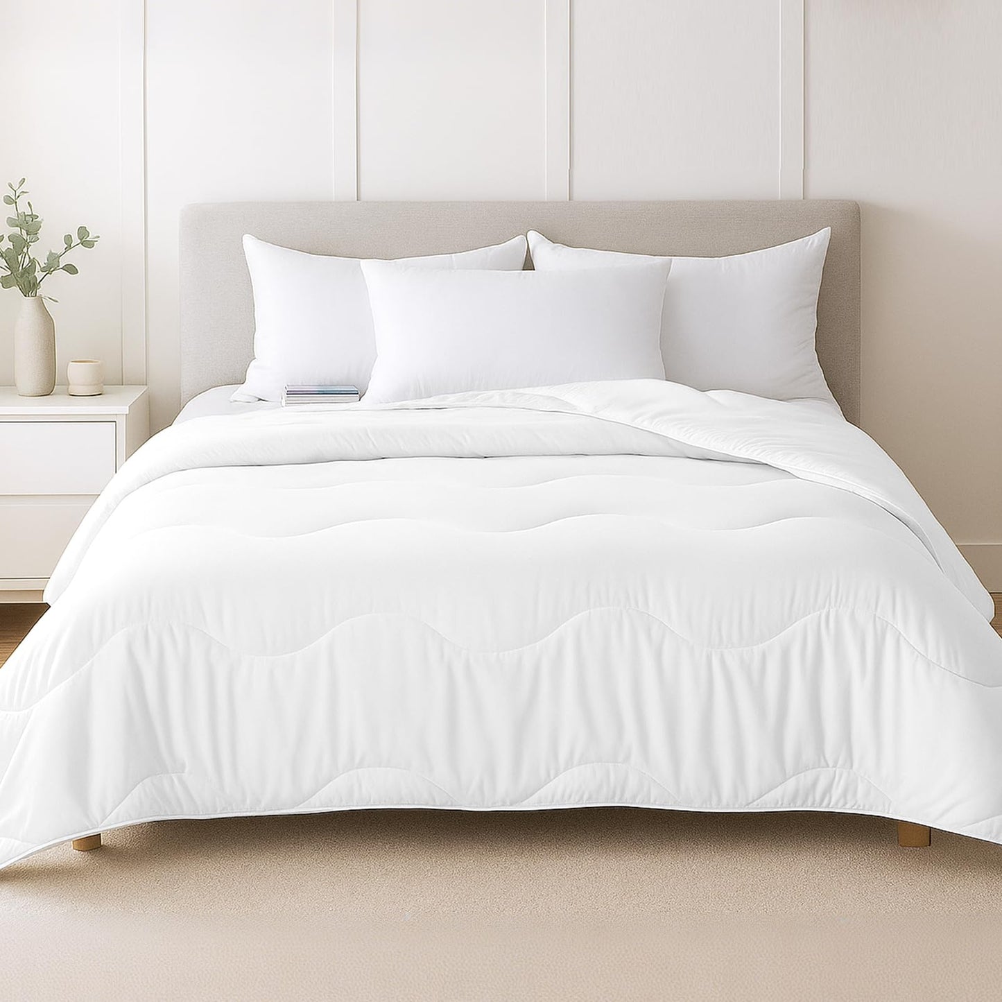 MEELUS Lightweight Comforter Cooling White, All Season Duvet Insert Breathable Queen Size Summer Bedding, Soft Microfiber Cool Down Alternative Quilt with Corner Tabs, 88x88 inch