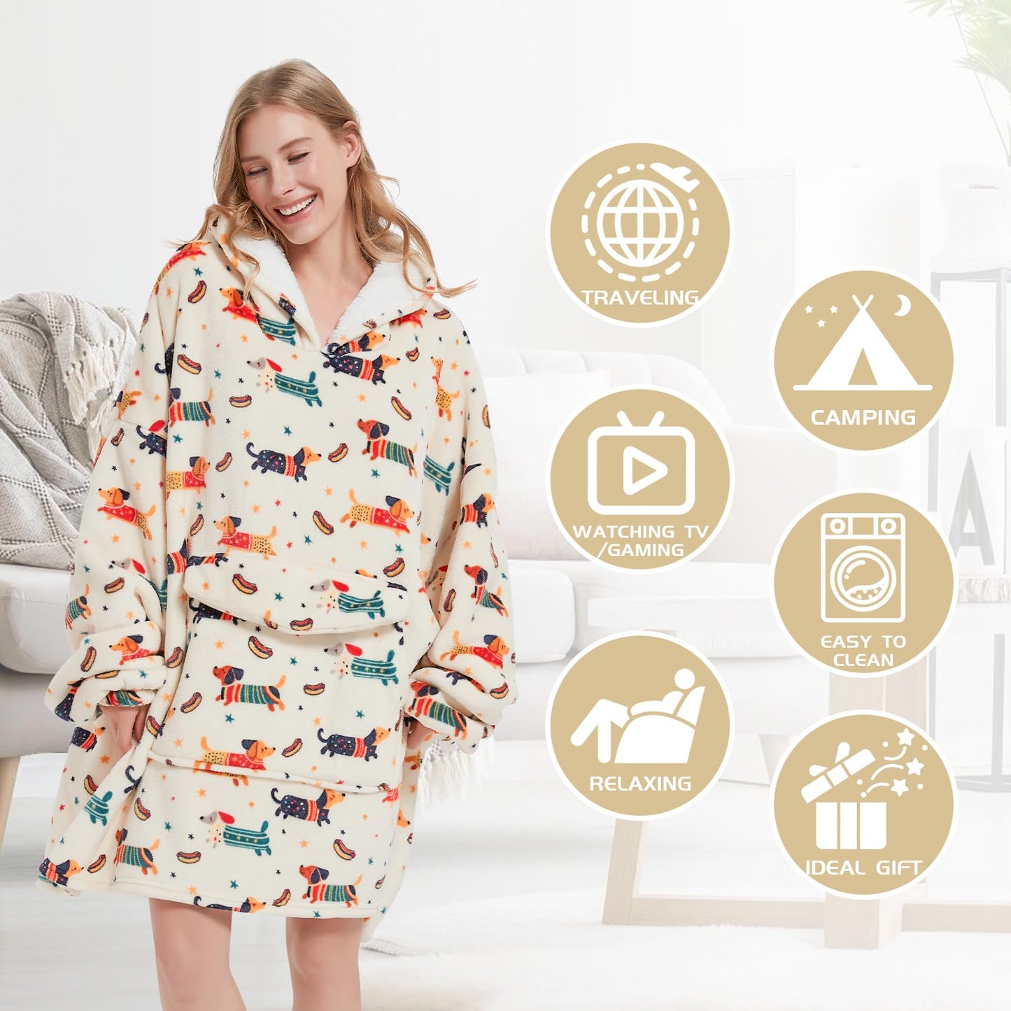Mewkou Wearable Blanket Hoodie for Adult,Oversized Sherpa Fleece Blanket Hoodie for Women Men,Dachshund
