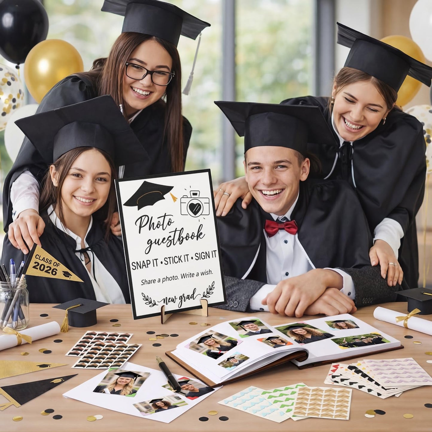 Thenshop 2026 Graduation Guest Book Set, Wooden Photo Album Scrapbook 126 Pages, Guest Book Sign, Pen, 360 DIY Photo Corners for Class of 2026 Grad Party Decorations Favors Gifts (Natural Wood)