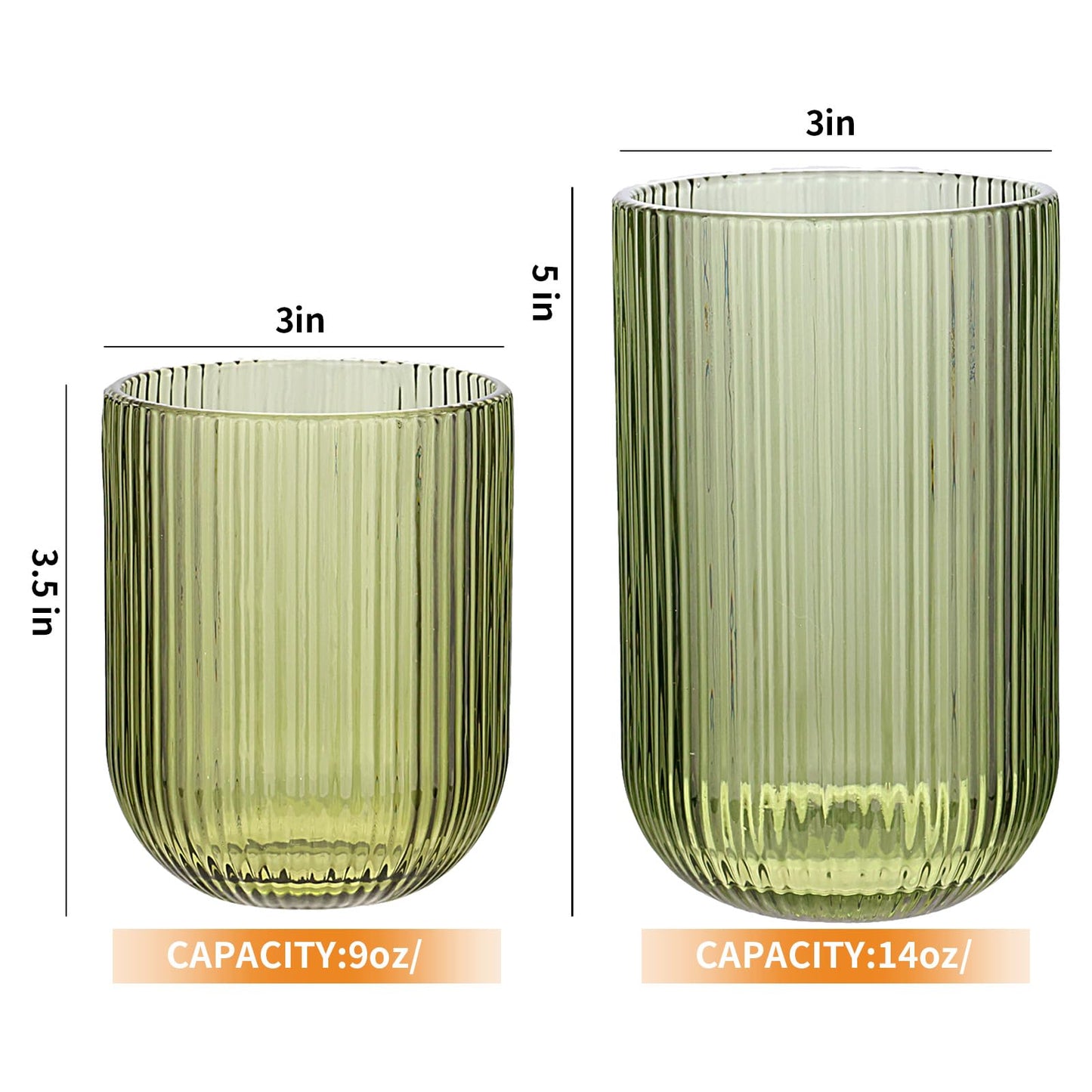 WeirdUncle Set of 8 Ribbed Glassware,4 Highball Glasses 14oz & 4 Rocks Drinking Glasses 9oz, Green, Origami Style, Fluted Design, for Milk, Water, Cocktail, Juice, Beer, ToothBrush Cup, Gift