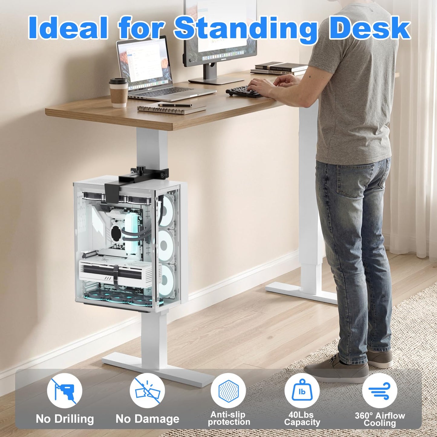 Under Desk PC Mount - No Drilling 40 lb Capacity, Fits 3 Fixed Desk Leg Sizes, CPU Holder Under Desk, Adjustable Clamp-on Desk Leg PC Mount for Standing Desk, with Non-Slip Pads, White