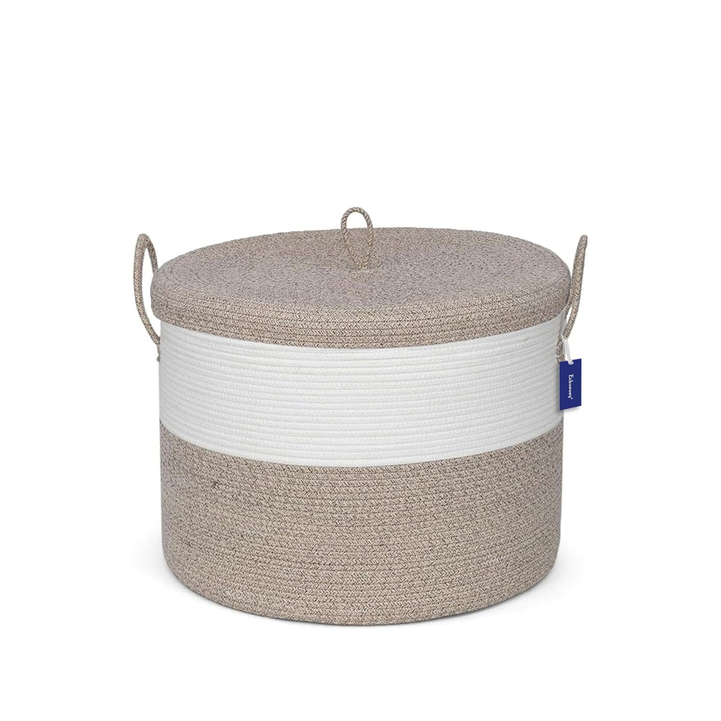 Echueuey 21" x 18" Extra Large storage baskets,Decorative blanket basket with lid for Living room,rope baskets with lid,wicker hamper for bedroom,Big,Round,White & Brown 115L