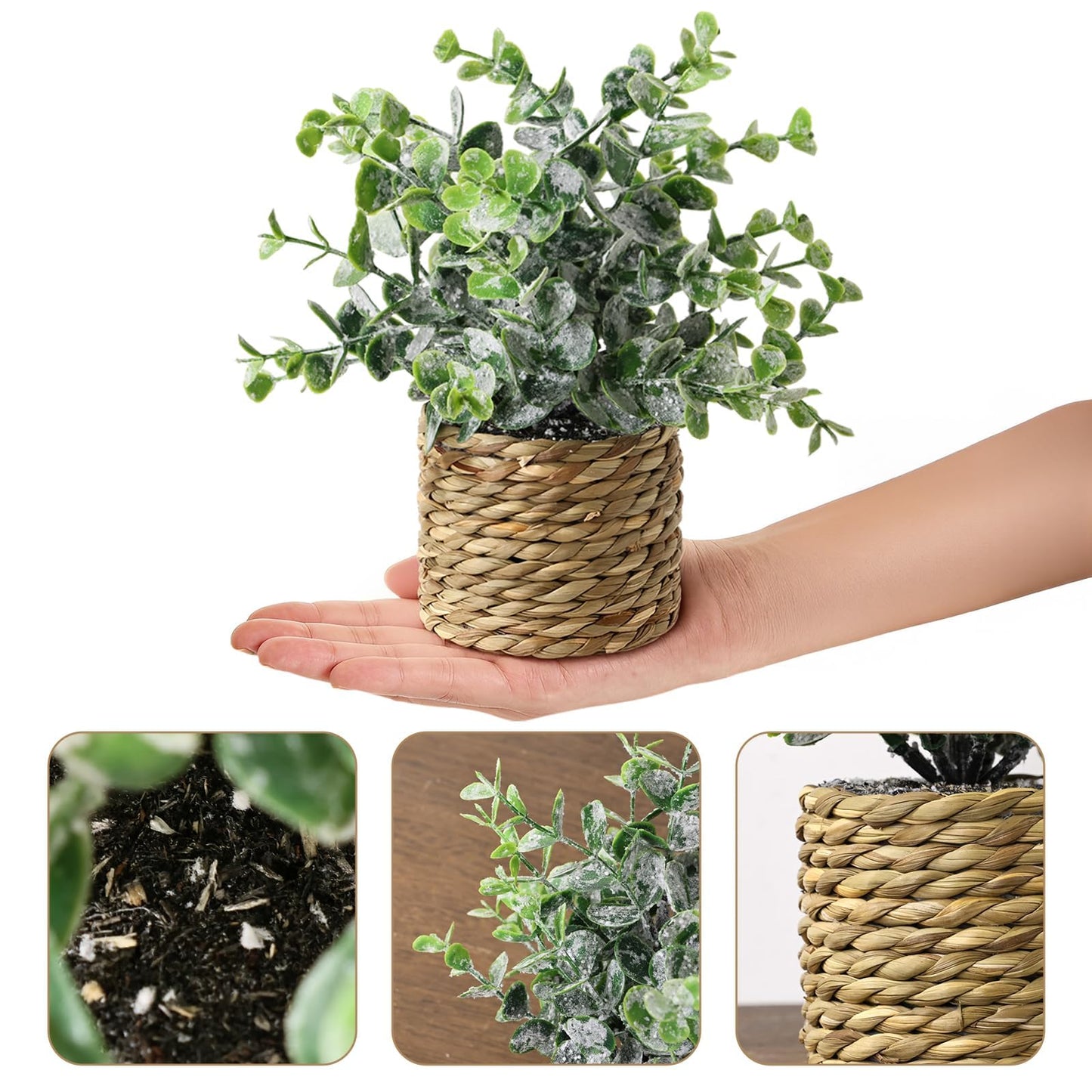Treory Small Fake Potted Plants: 9 Inches Artificial Plants with Seagrass Handwoven Planters, Indoor Farmhouse Decorations, Eucalyptus Plant for Home Bathroom Office Shelf Tabletop Desk Room Decor