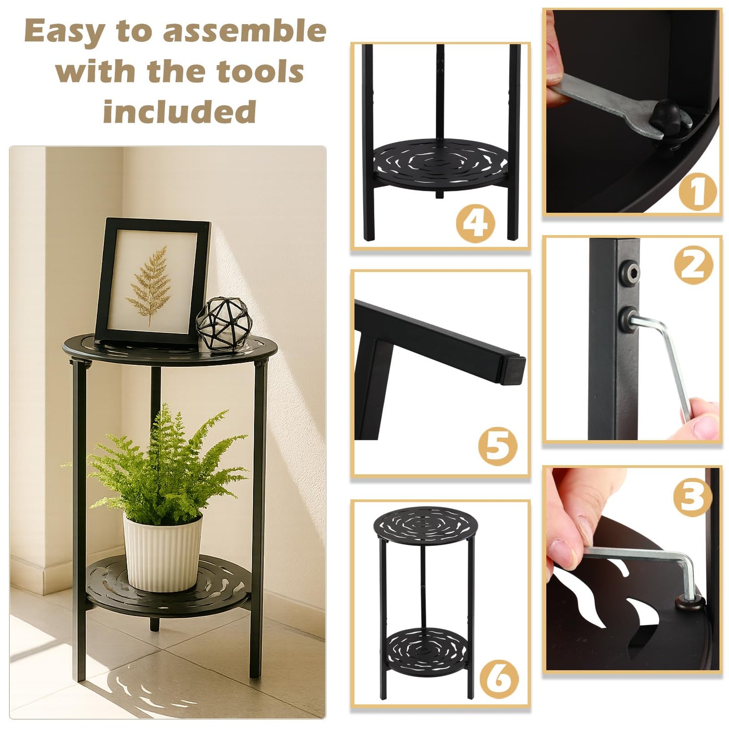 lucpur 2-Tier Metal Round Side Table Black Accent Coffee Tables Small Space Corner Plant Stand Shelf for Indoor Outdoor Use Patio Balcony End Table Laser-Cut Floral Pattern Weather-Resistant