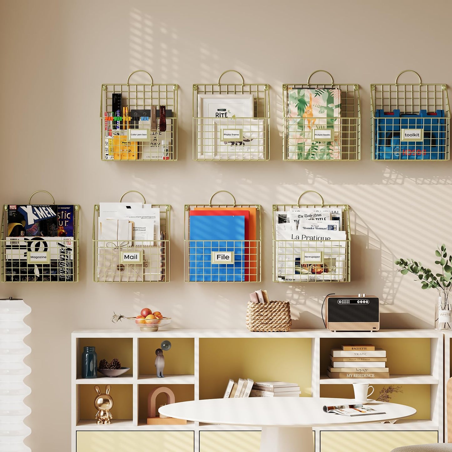 Yuzehuaza Wall File Organizer Mesh Hanging Wall Files Holder,Magazine Rack and Mail Basket with Hooks, Office Wall Organizer for Papers Folders Files Clipboard 4 Packs, Gold(Patent Pending)