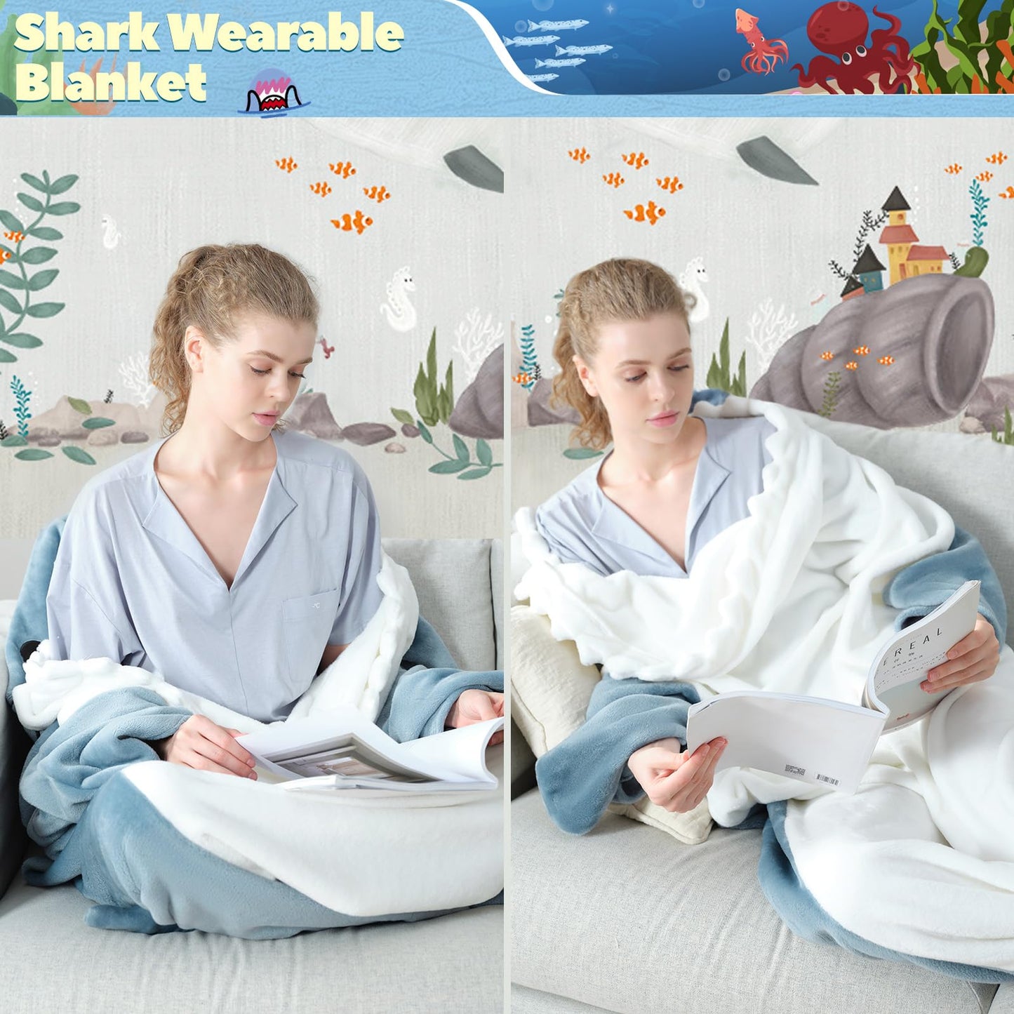 Touchat Shark Blanket for Adult Super Soft Cozy Flannel Throw Wearable Blanket, Cartoon Animals Blanket Hoodie, Sleeping Bag Cosplay Shark Costume Gifts for Shark Lovers (Blue,L)