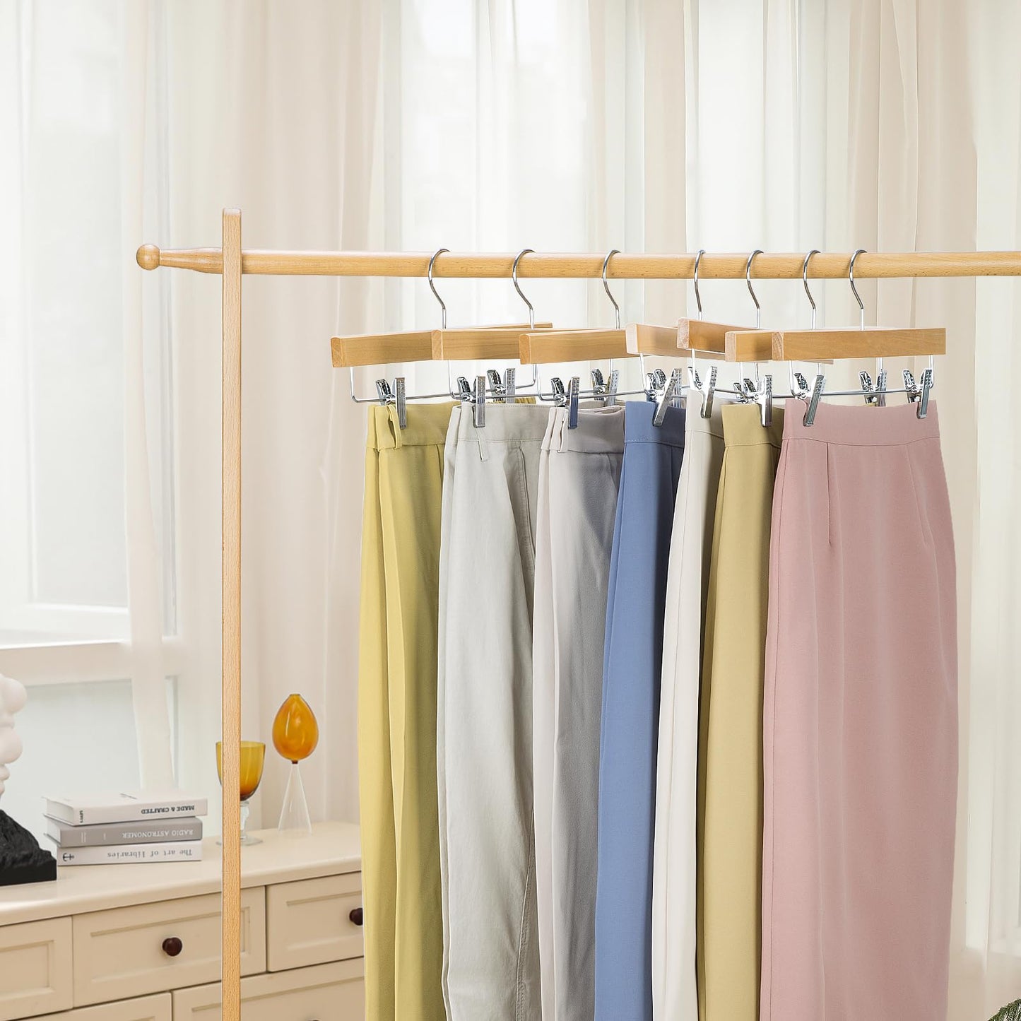 Nature Smile Deluxe Wooden Pants Hangers,Solid Lotus Wood Jeans Skirt Hanger with Clips Anti-Rust Hook Pack of 28（Natural）