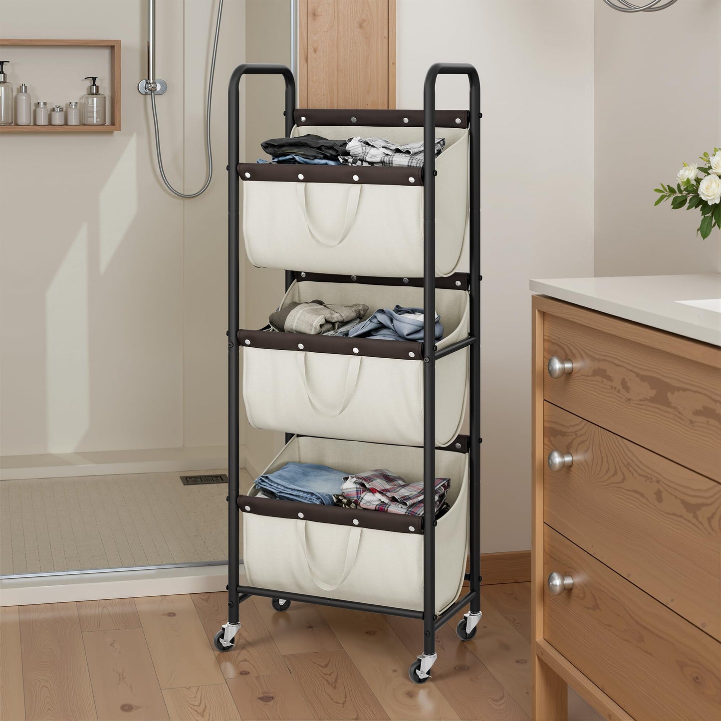 GRANNY SAYS 3 Tier Laundry Sorter, Laundry Basket with Wheels, Laundry Room Organization and Storage, 3 Section Rolling Laundry Cart for Dorm, Bathroom, Bedroom, Closet, Beige