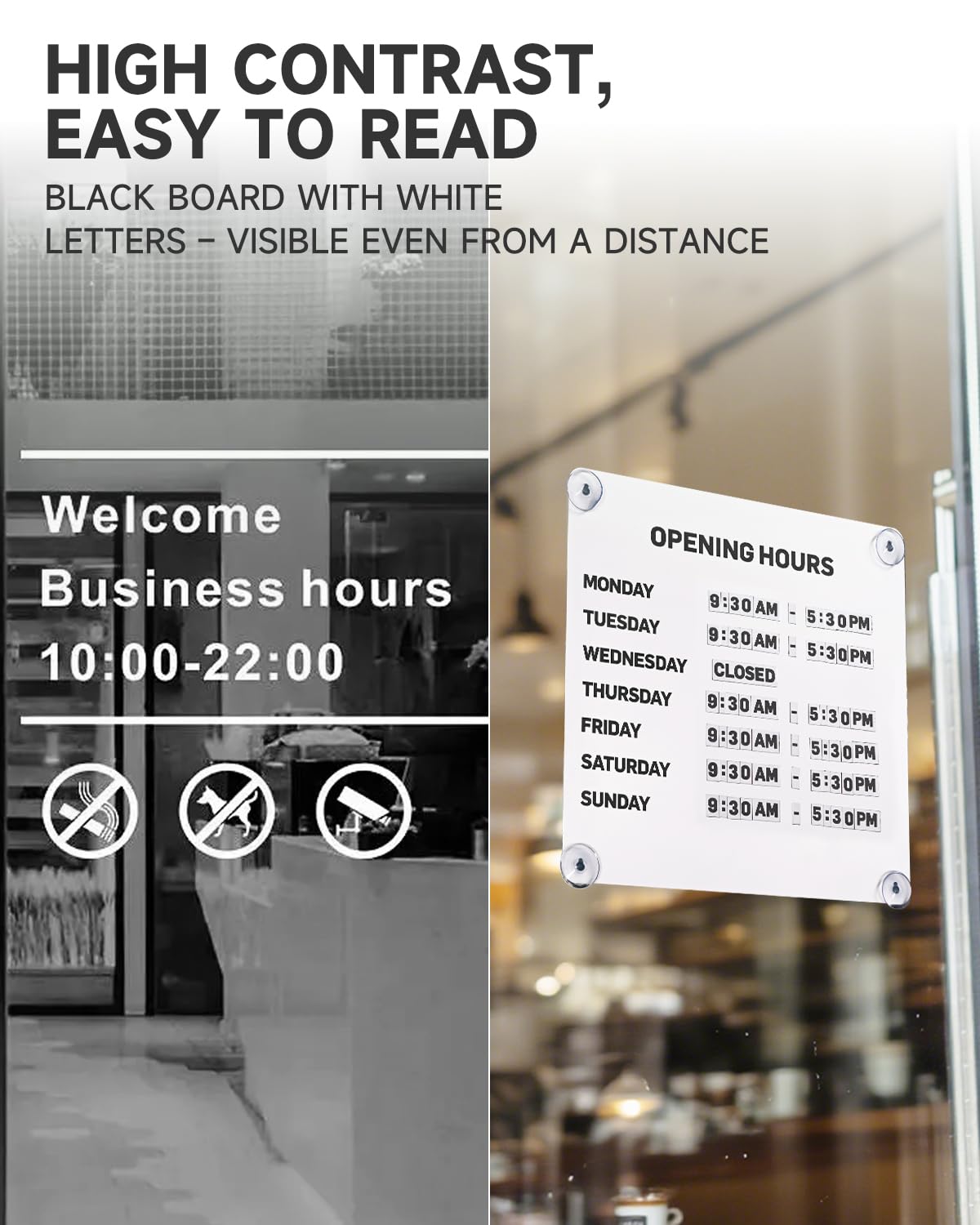 Metal Business Hours Sign with Suction Cups - Magnetic Open Closed Display Board for Storefront Window, Glass Door, Tile Wall & Counter - Changeable, Reusable & Rust-Resistant Steel Kit (White Board)