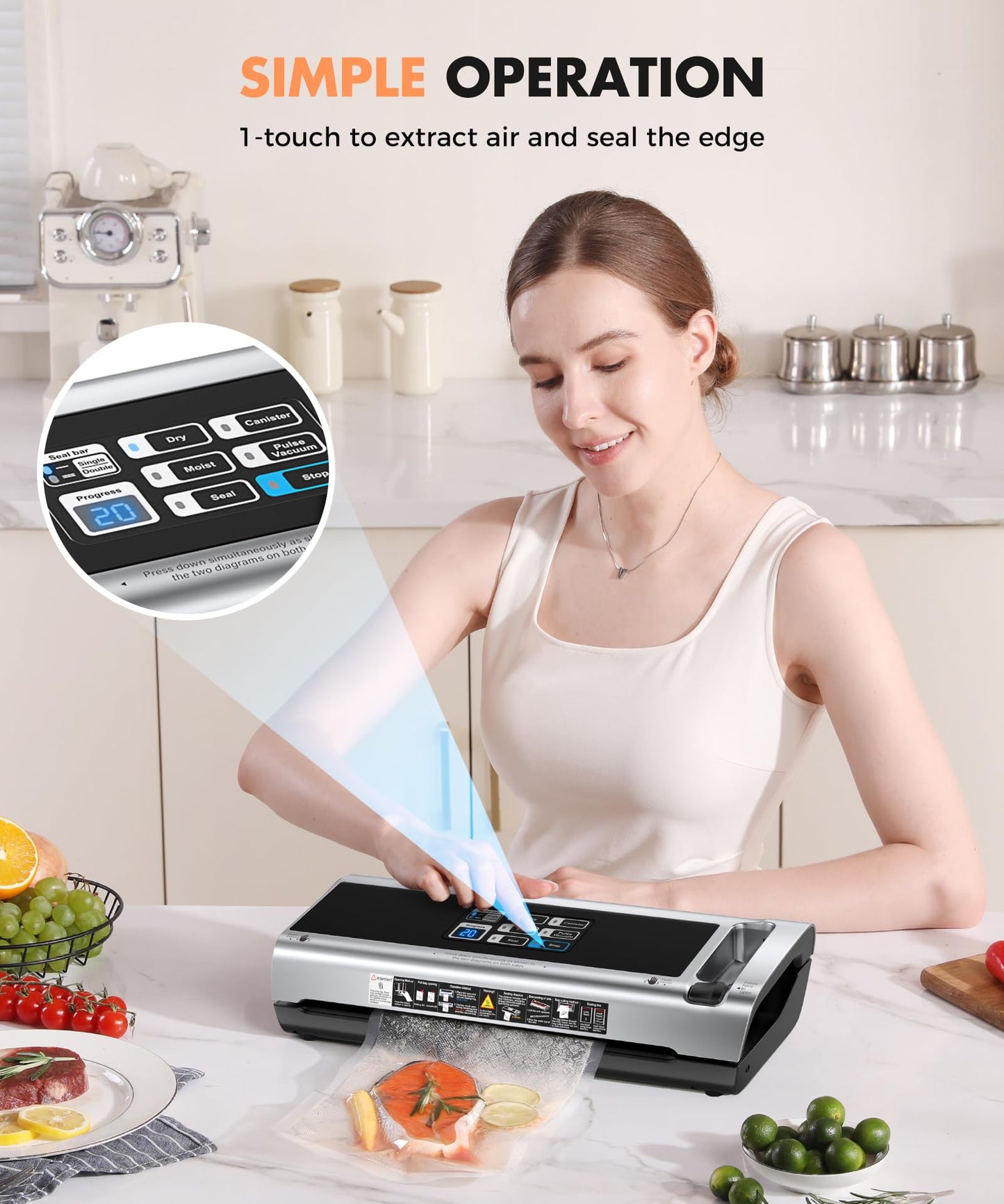 Food Vacuum Sealer Machine, 95KPa Powerful Food Saver with Dry/Moist/External Vacuum Modes, Built-in Cutter & Bag Storage, Single/Double Sealing, 1 Bag & 15 Pre-cut Bags