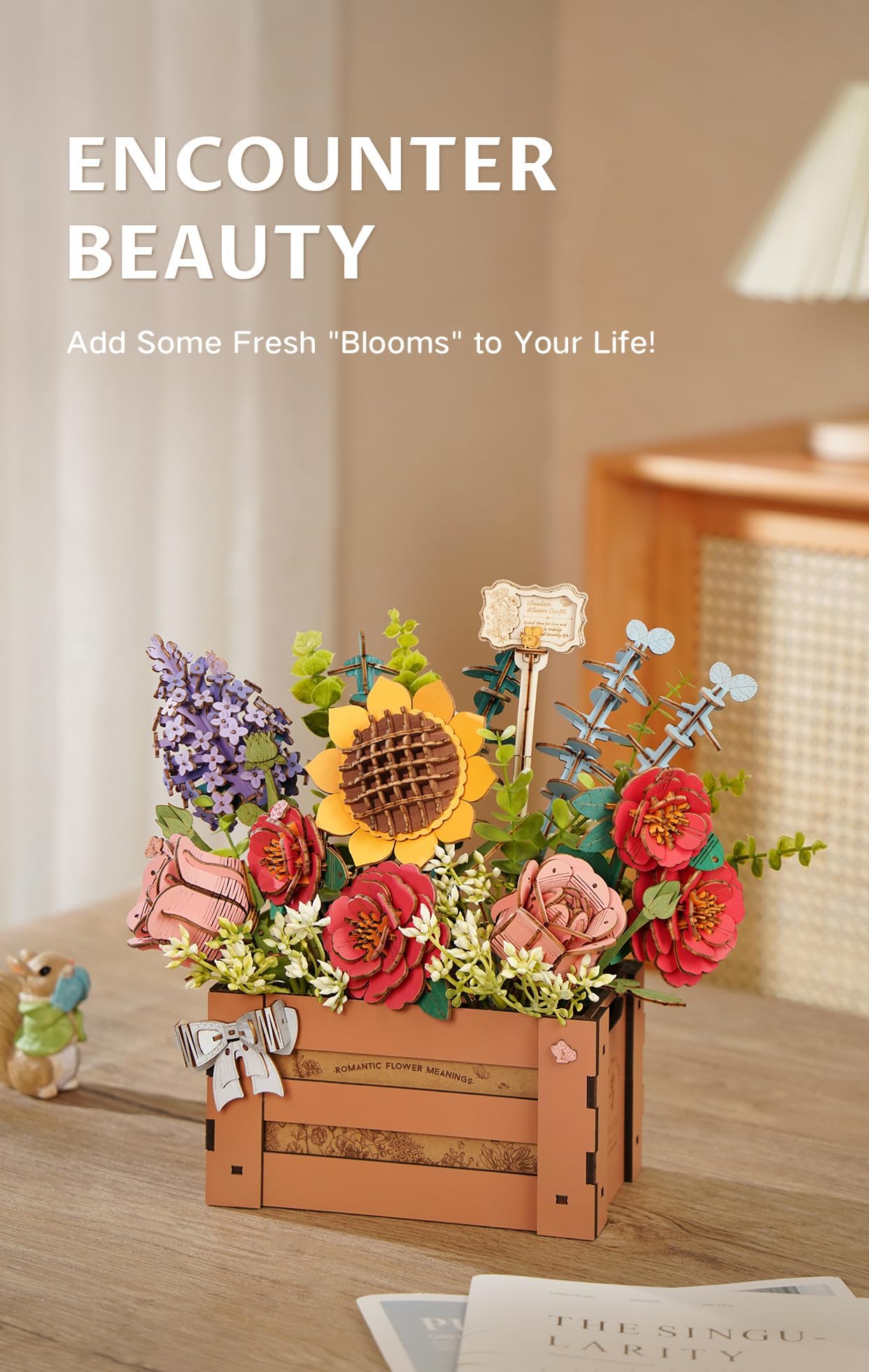 rowood 3D Puzzles for Adults,Mother's Day Wooden Flower Bouquet Building Set,DIY Artifical Flowers Botanical Collection,Adult Craft Kit as Christmas Birthday Valentine Gift-Wooden Bloom Box