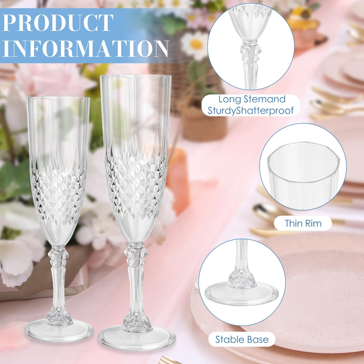 CHICERA 24 Pcs Plastic Champagne Flutes,White Champagne Glasses Bulk, Made of Durable Plastic Material Can be Used for Weddings, Everyday Fun Parties and More!